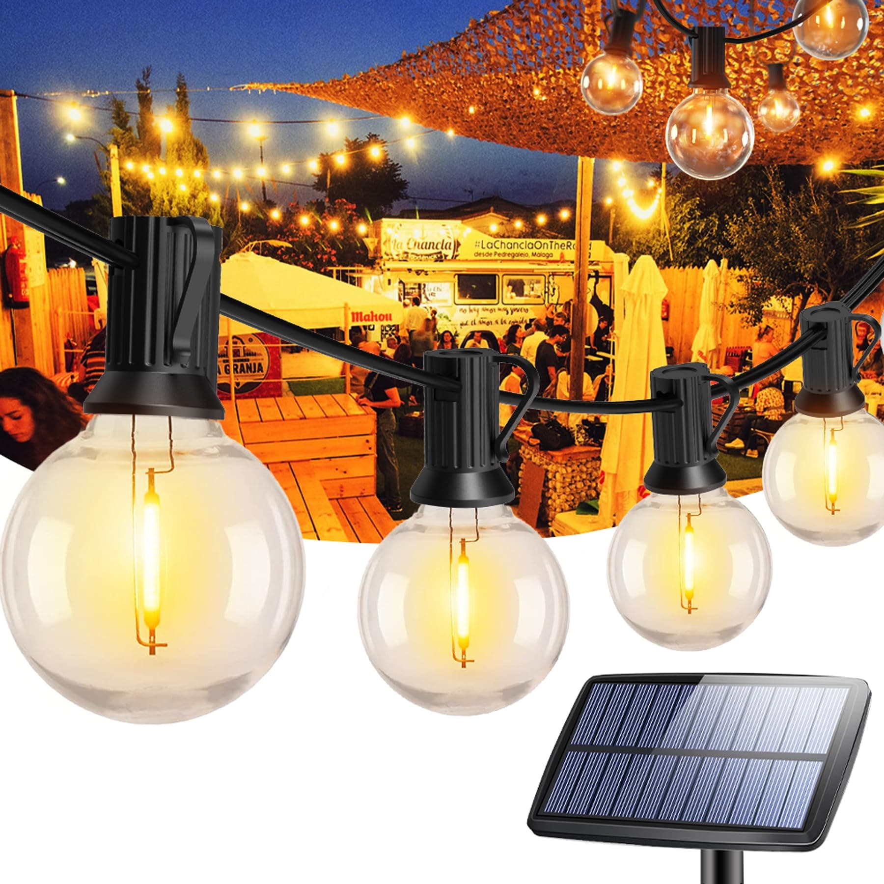 Romwish Solar String Lights Outdoor 30FT with 9+1 Spare G40 Bulbs, Warm White Solar Garden Lights Outdoor Waterproof, USB Solar Charging with 4 Light Mode for Backyard Patio Wedding Party Decoration