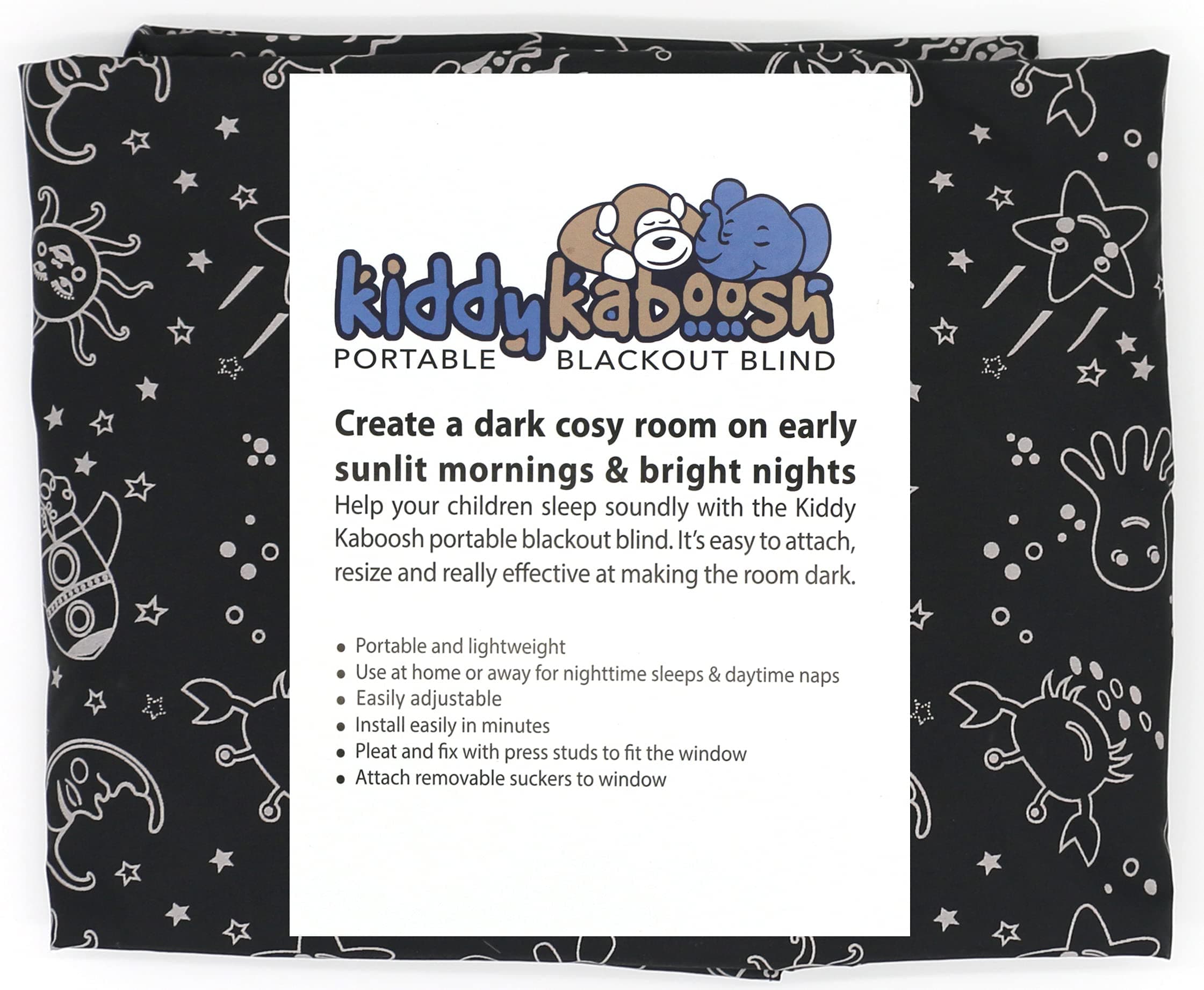 New! Portable Blackout Blind by Kiddy Kaboosh, Cute Design, Removable Black Curtain for Kid's Bedrooms, Baby's Nursery, Home & Travel, Fix with Suckers. Easy to re-Size 170cm x 130cm