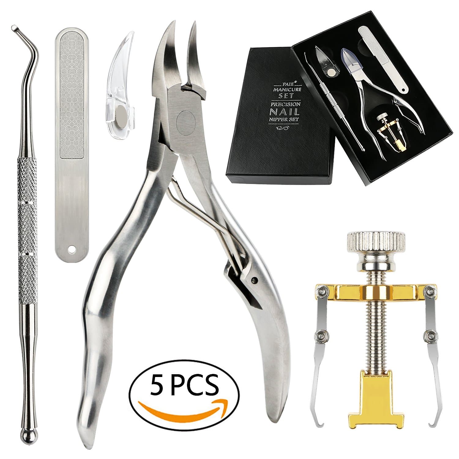 5 Pcs Ingrown Toenail Corrector Kit - 5 in 1 Gold Professional Pedicure Toes Treatment Tools with Nail Corrector, Clipper, Cleaner, File for Thick Ingrown Toenails Correction Orthotic Appliance Set