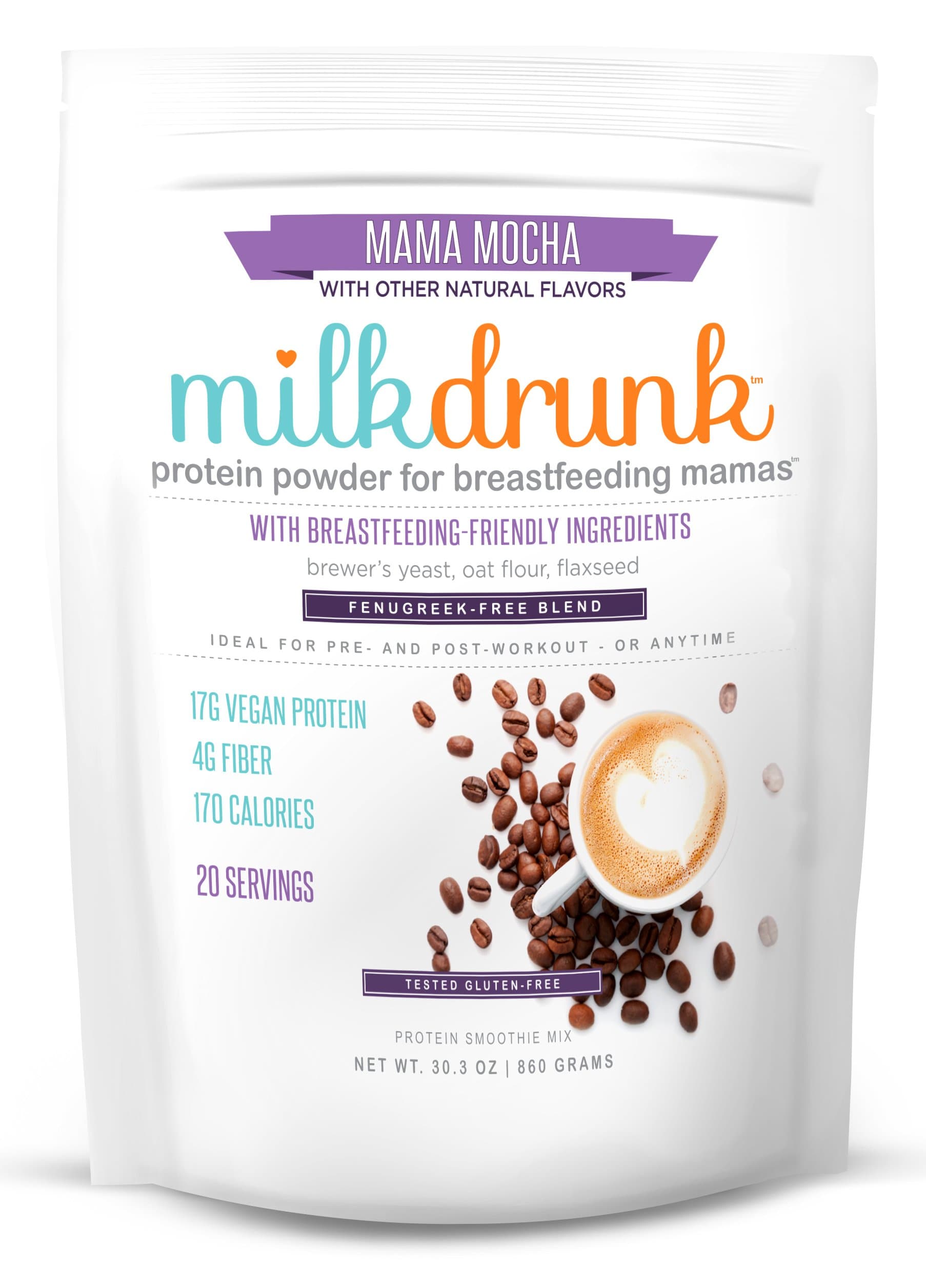 Fenugreek-Free - Mocha Dairy Free Protein Powder for Breastfeeding - 20 Servings of Vegan Protein & Lactation-Friendly Ingredients - Oats, Flax, Brewer's Yeast -Tested Gluten Free