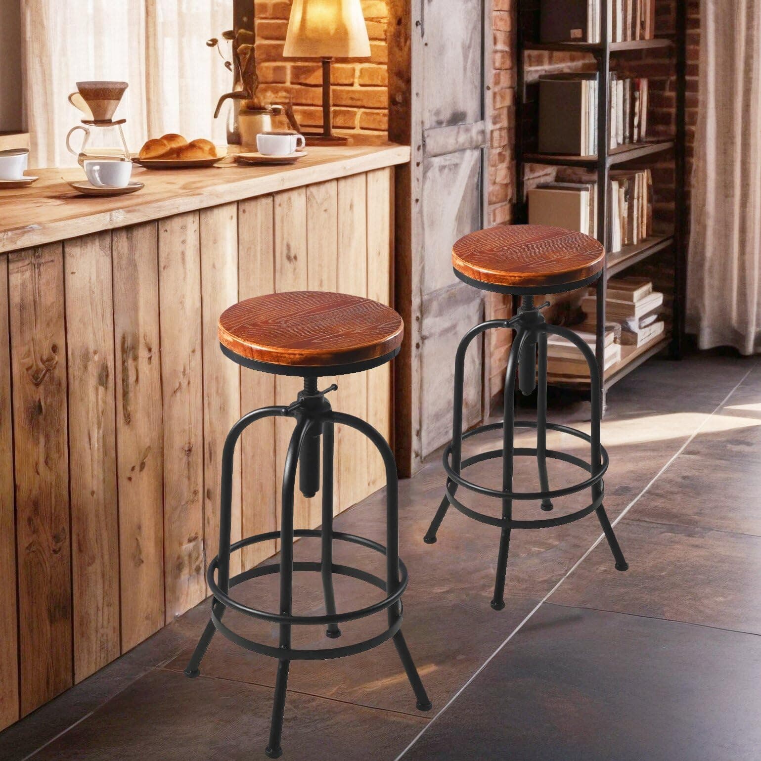 Diwhy Industrial Bar Stool-26-32 Inch Adjustable Swivel Metal Wood Seat Stool Bar Height Bar Stool with Footrest-for Kitchen, Dining Side Chair, Pub, Bistro, Set of 2, Black