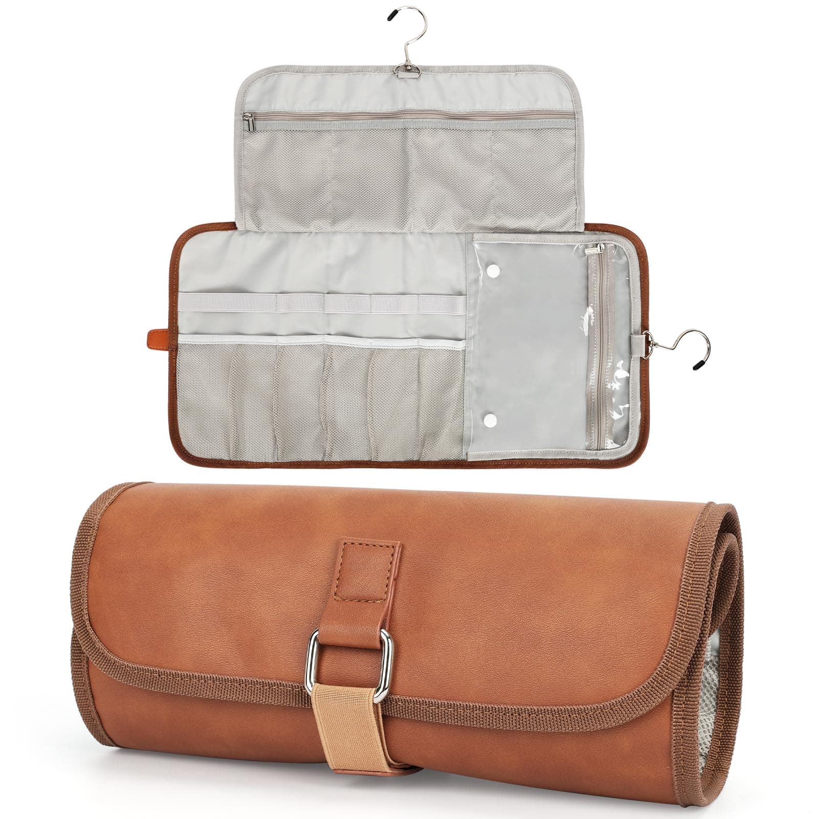 DuringCo Toiletry Bag for Men Hanging Toiletries Organizer Bag Roll Wash Bag Shaving Dopp Kit Water-Resistant PU Leather Cosmetic Bag Travel Organizer for Accessories Brown