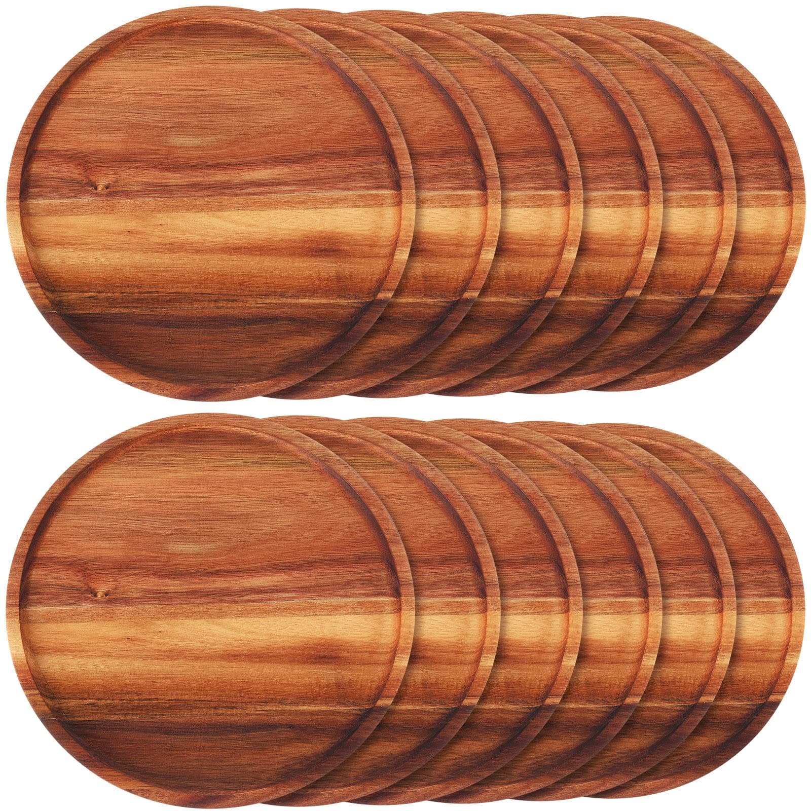 Rtteri 12 Pcs Acacia Wood Dinner Plates Round Wood Dishes Wooden Charger Serving Tray Easy Cleaning Lightweight Unbreakable Classic Plate for Snack Dessert Housewarming Gift(0.95 Inches)