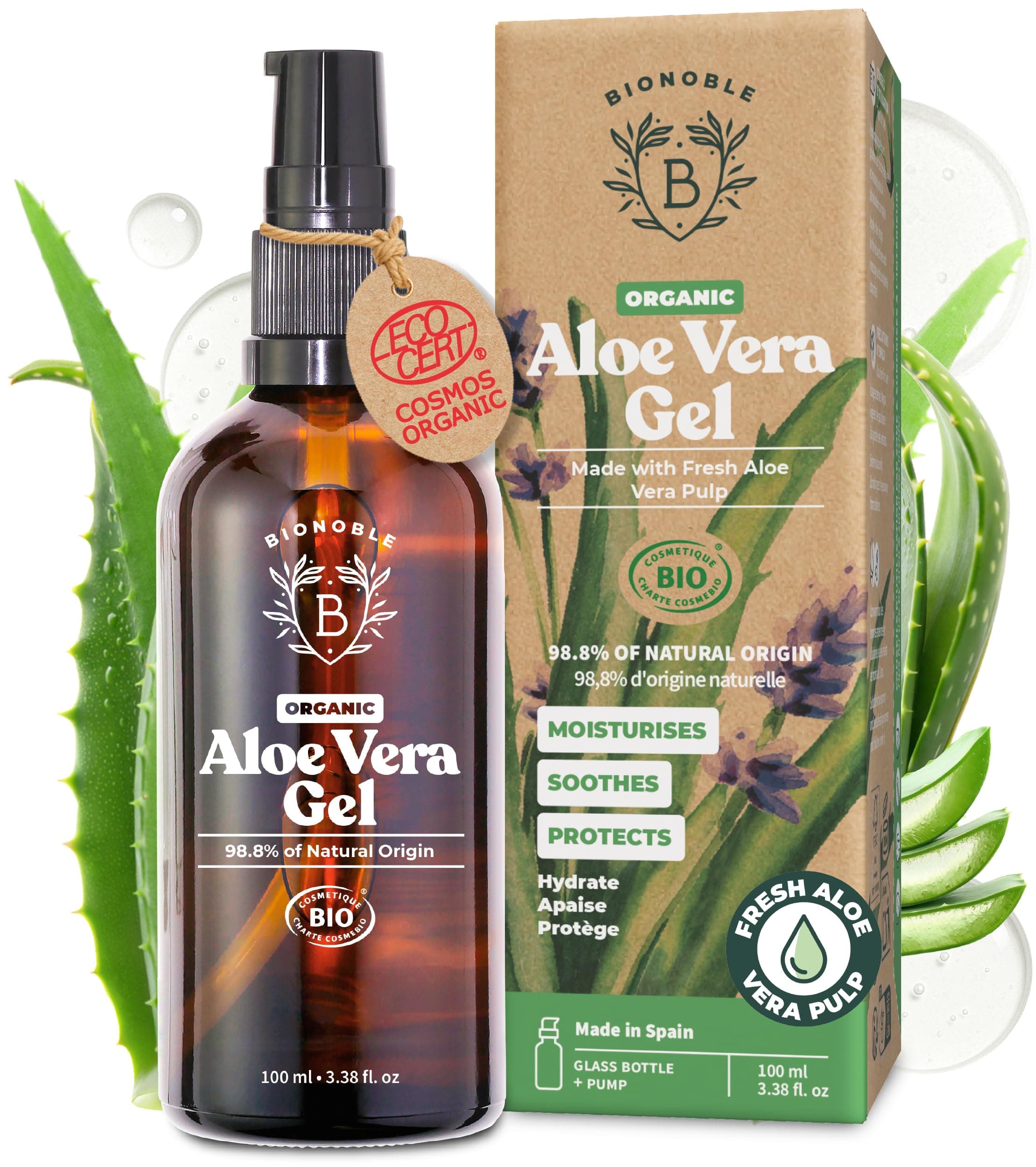 BIONOBLE Organic Aloe Vera Gel 97% with Lavender Essential Oil - Moisturiser Face, Hair, After Sun - Aloe Vera Gel 100 Pure from Fresh Leaves - Fast Absorbing, Non Sticky - Glass Bottle, Pump - 100ml