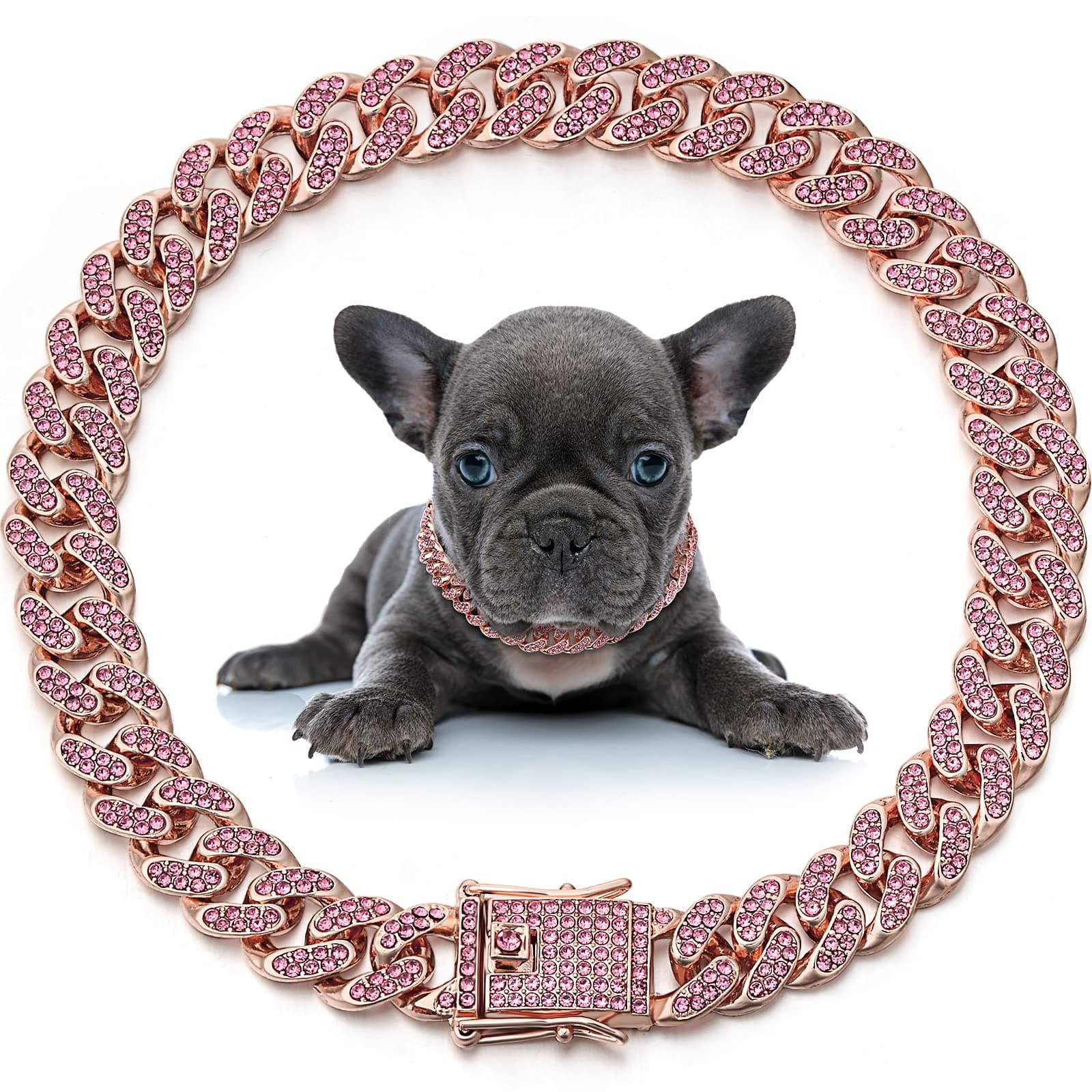 LEIFIDE Dog Cat Chain Collar Diamond Collar 12 mm Wide Chain for Cat Metal Small Dog Collar Pet Crystal Collar Necklace Accessories for Cats Puppy Link Gifts (Rose Gold, Pink,16 Inch)