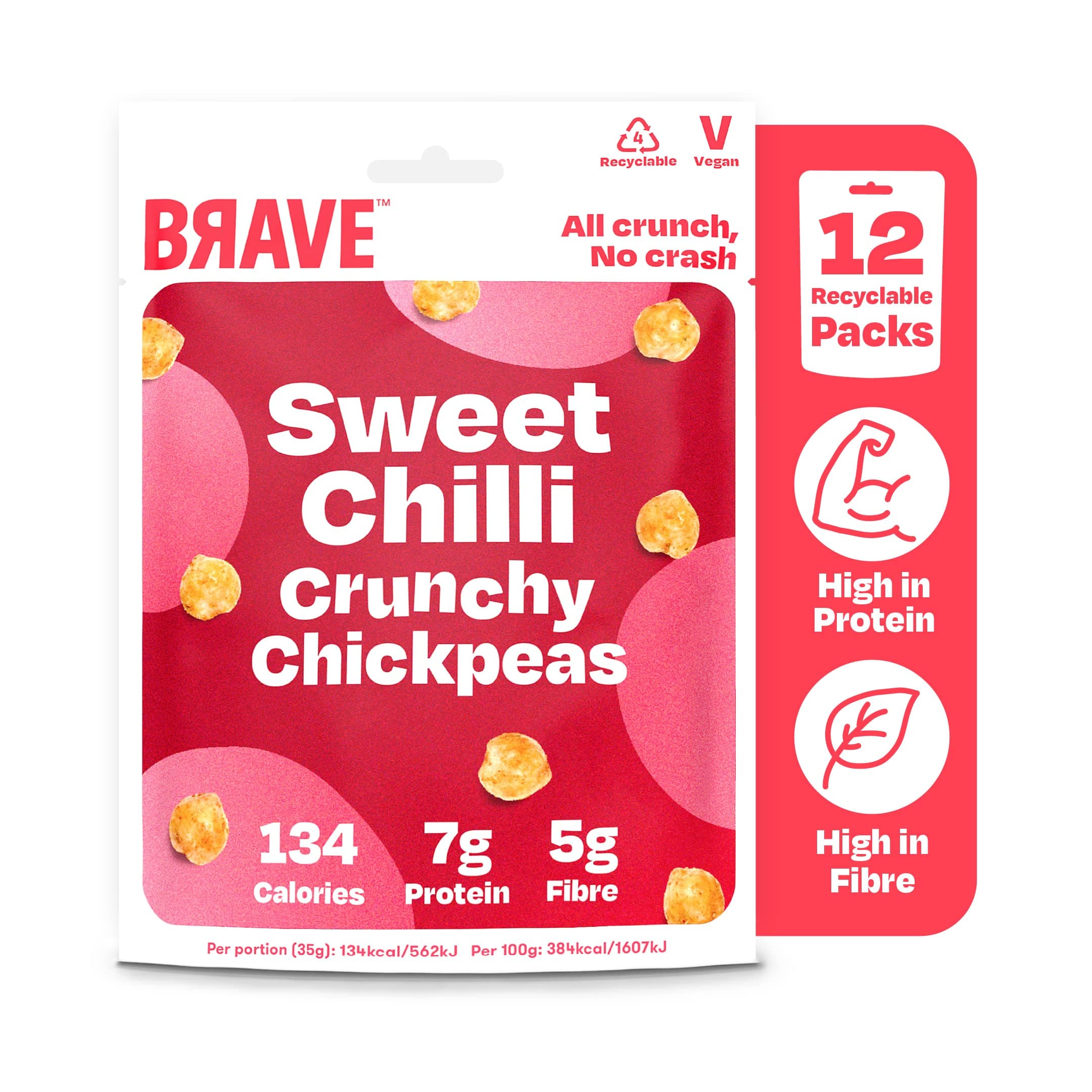 BRAVE Roasted Chickpeas: Healthy Snack, High Protein, Low Calorie - Sweet Chilli (12 x 35g Packs)