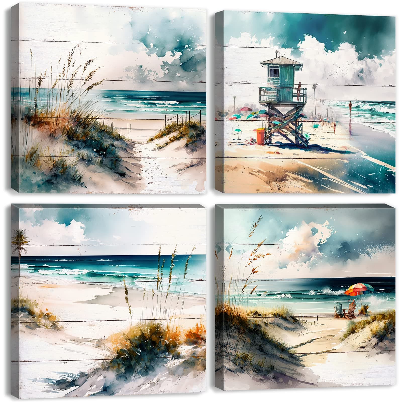 Beach Wall Art Teal Blue Beach Scene Painting Wall Decor Bathroom Picture Watercolor Abstract Coastal Seascape Ocean Nature Landscape Canvas Artwork for Bedroom Living Room Home Decoration 12x12" 4Pcs