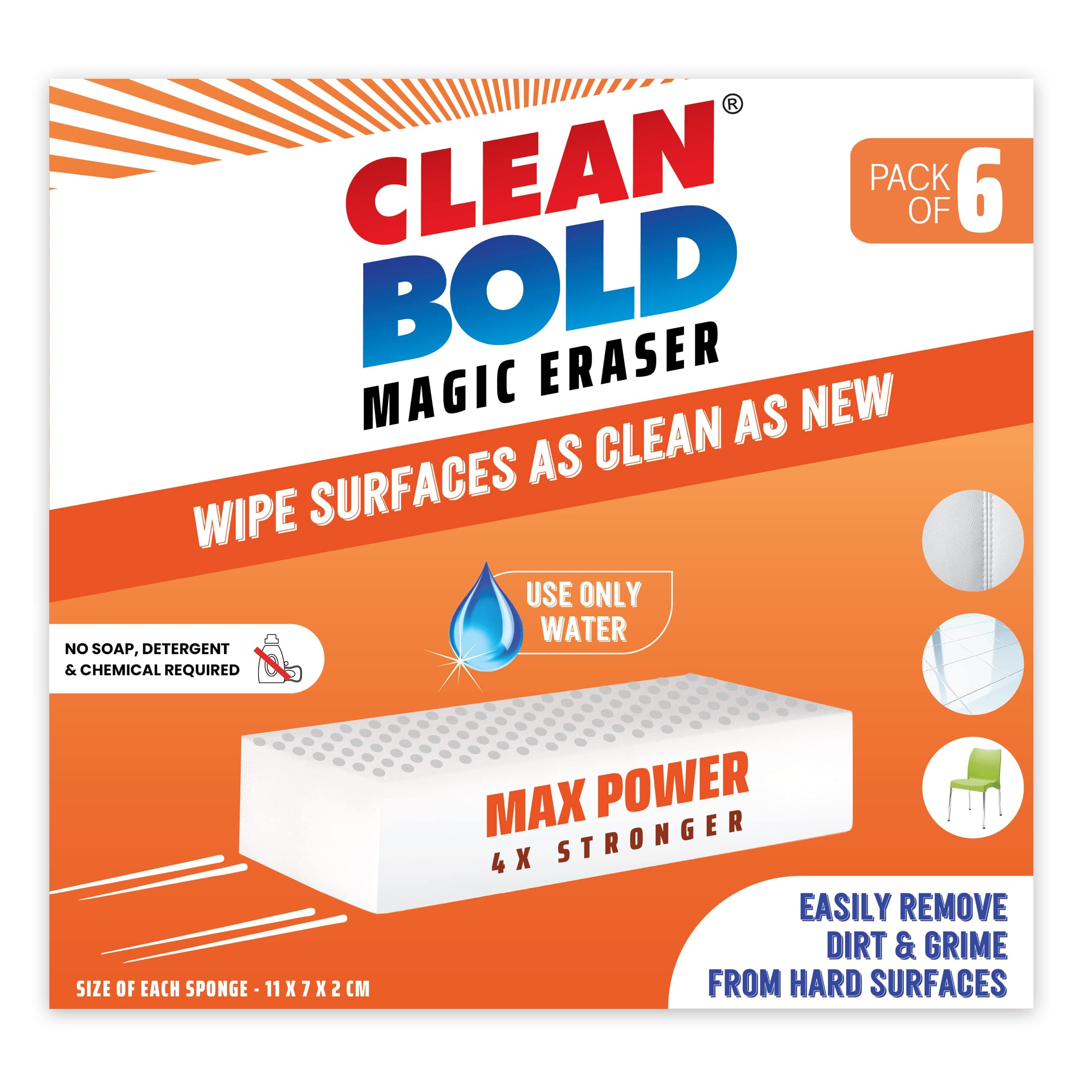 CleanBold Melamine Magic Eraser Sponge - 4X MAX Power I Remove Dirt & Grime in Home Kitchen Bathroom Car Shoe Sneaker Wall Glass I Multipurpose Deep Cleaning I Chemical-Free Nano Magic Sponge I 6 Pcs