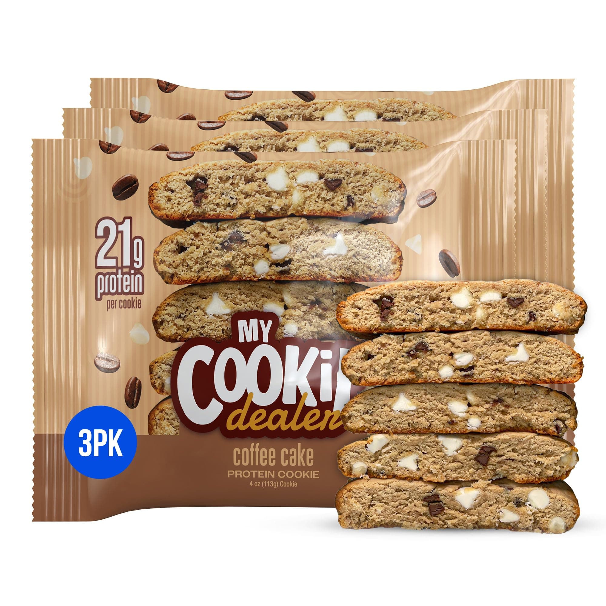 My Cookie Dealer Protein Cookies, Coffee Cake (4oz, Pack of 3) - 21g Protein per Cookie - Individually Wrapped Workout Snacks for On-The-Go Travel