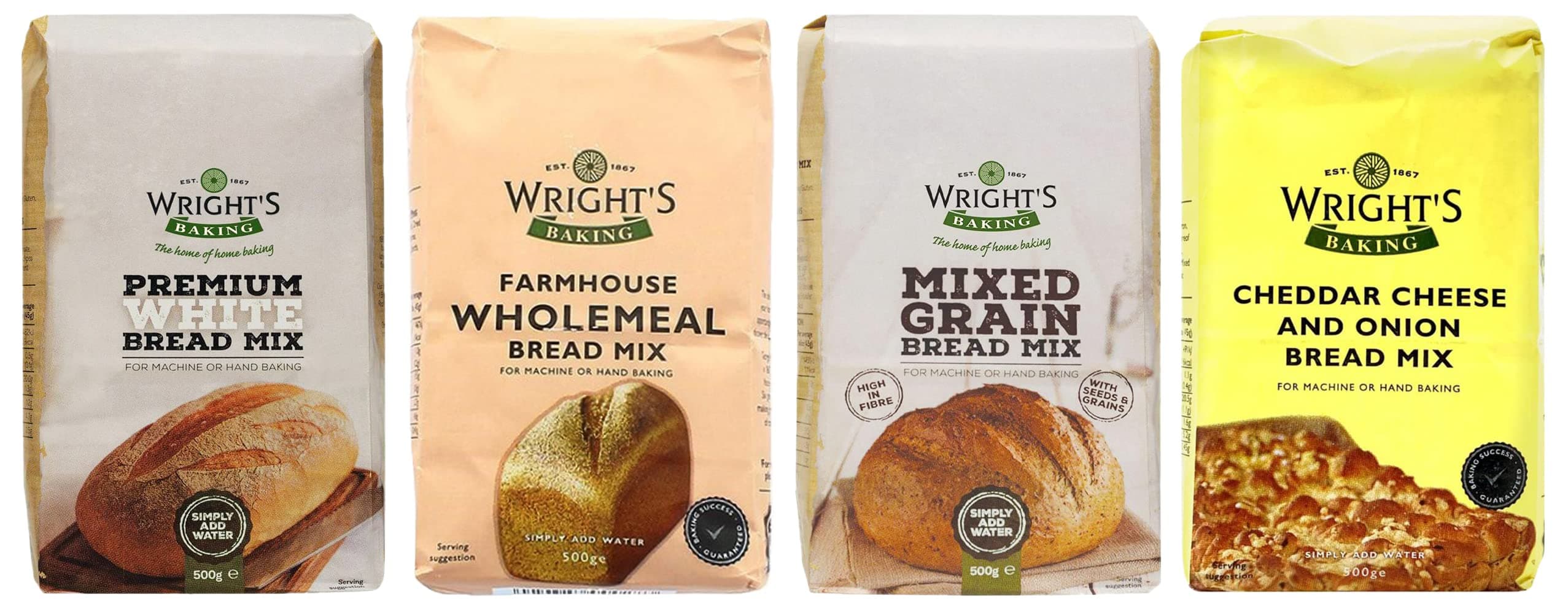 Wright's Baking Bread Mix Selection Pack - Premium White, Farmhouse Wholemeal, Mixed Grain, Cheddar Cheese & Onion (One of Each 500g),500 g (Pack of 4)