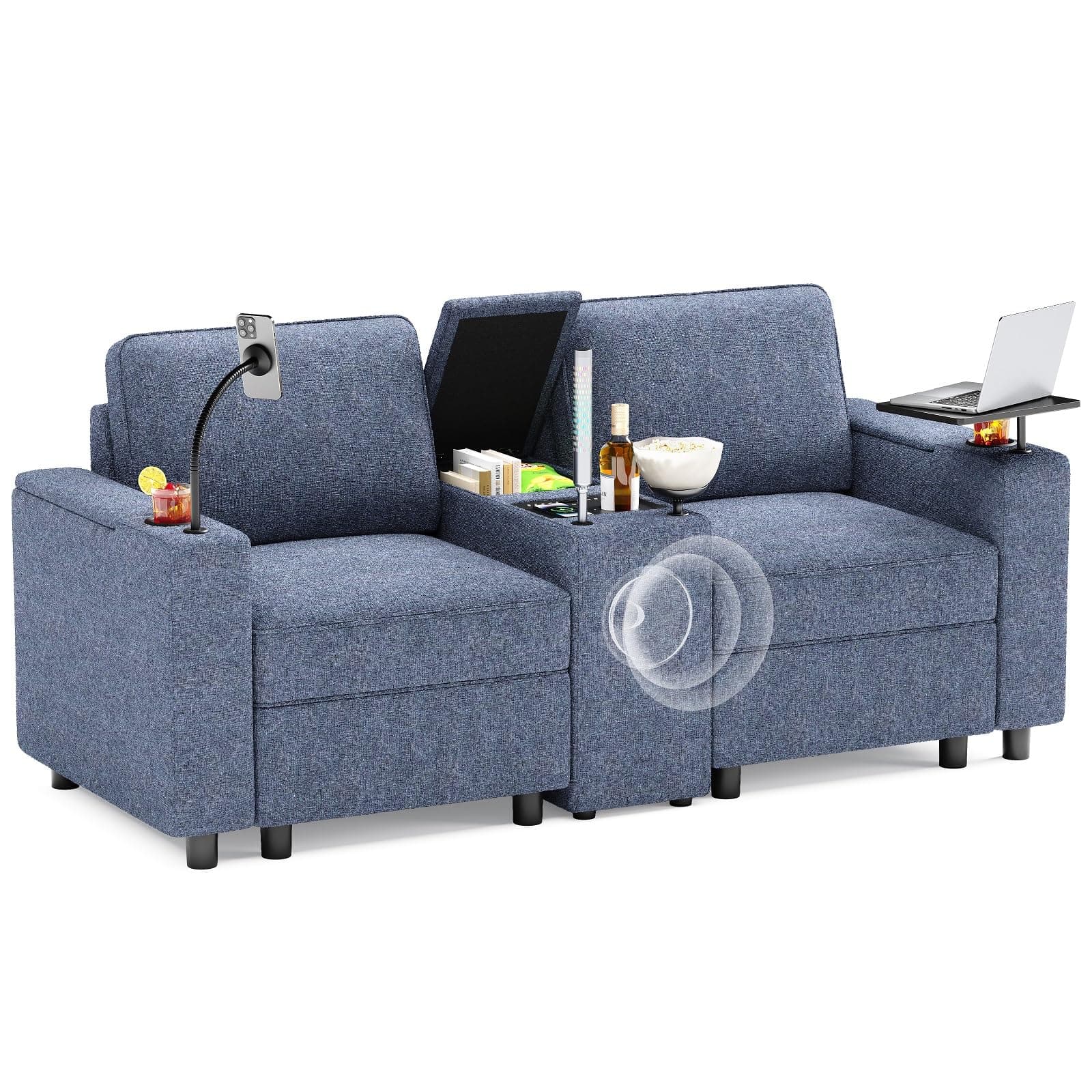 Home Theater Seating, Movie Theater Chairs, Power Conscle with Cup Holders, Bluetooth Stereo, Theater Seats with Power Grommet, Wireless Charging, Led Light for Living Room, Blue