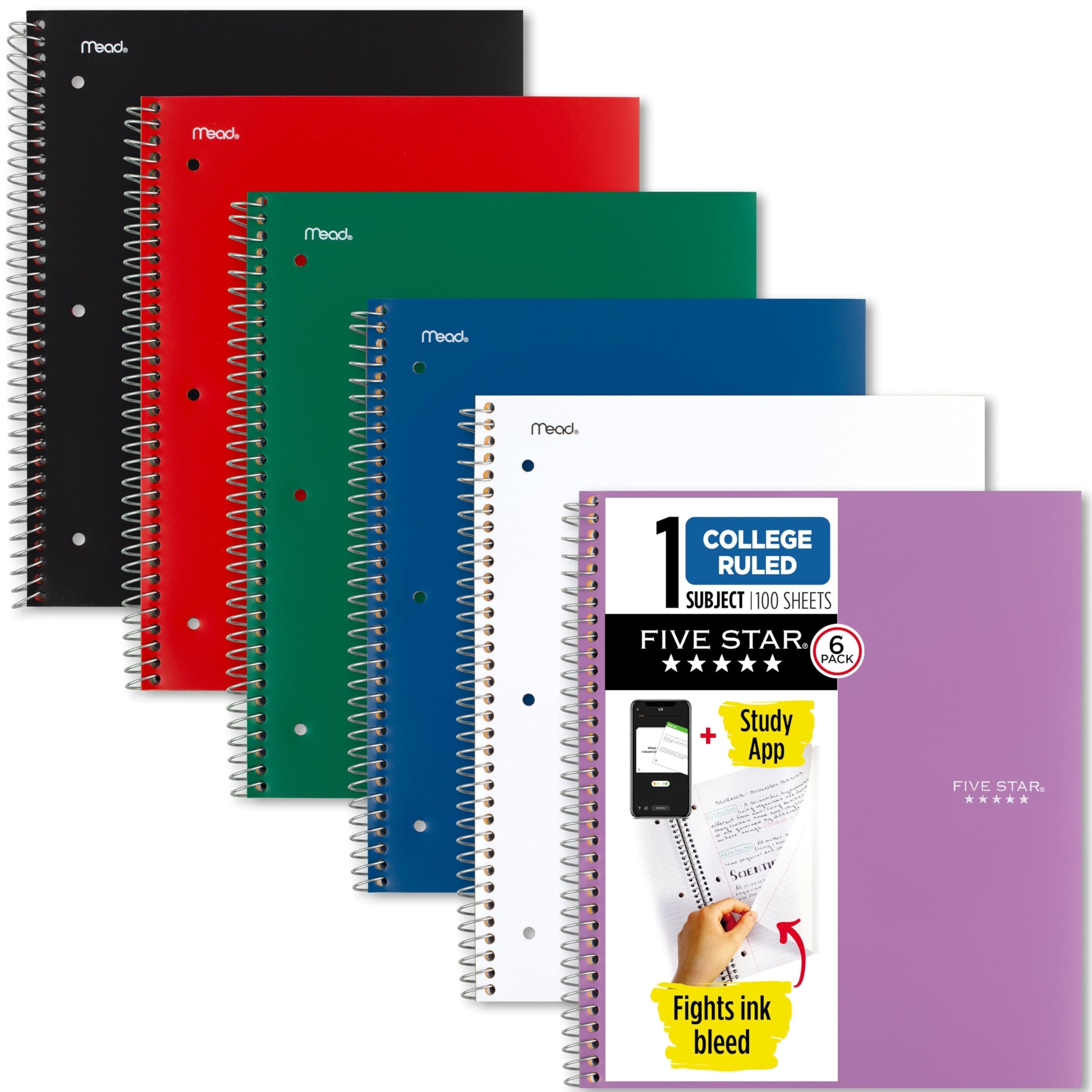 Five Star Spiral Notebooks, 6 Pack, 1 Subject, College Ruled Paper, Fights Ink Bleed, Water Resistant Cover, 8-1/2" x 11", 100 Sheets, Black, Red, Blue, Green, White, Purple (38052)