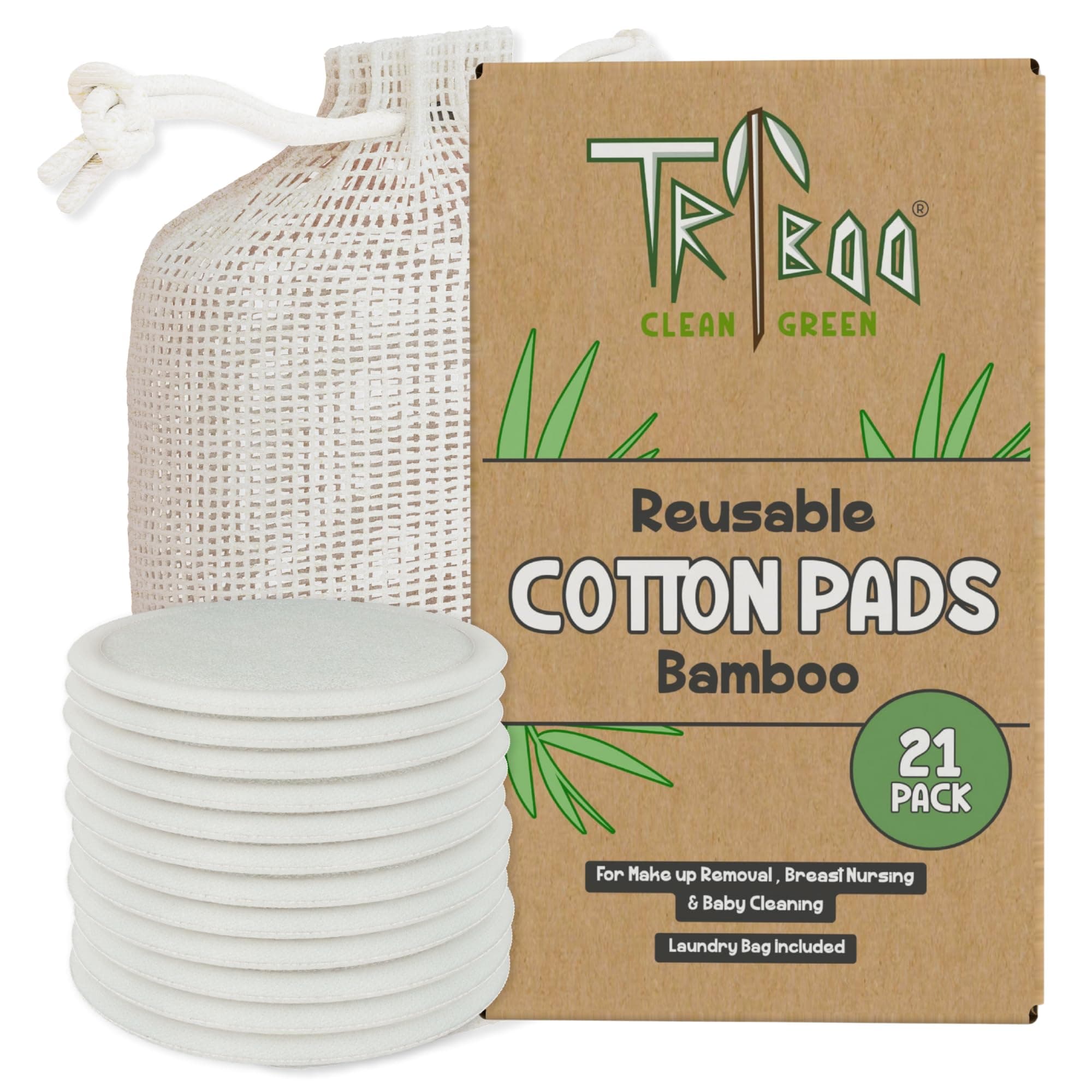 TRIBOO (21-Pack) Reusable Cotton Pads, Super Soft Bamboo Cotton Wool Pads, Reusable Makeup Remover Pads with Skin Care Hacks E-Book, Large Cotton Wool Pads for Face, Reusable Breast Pads & Baby