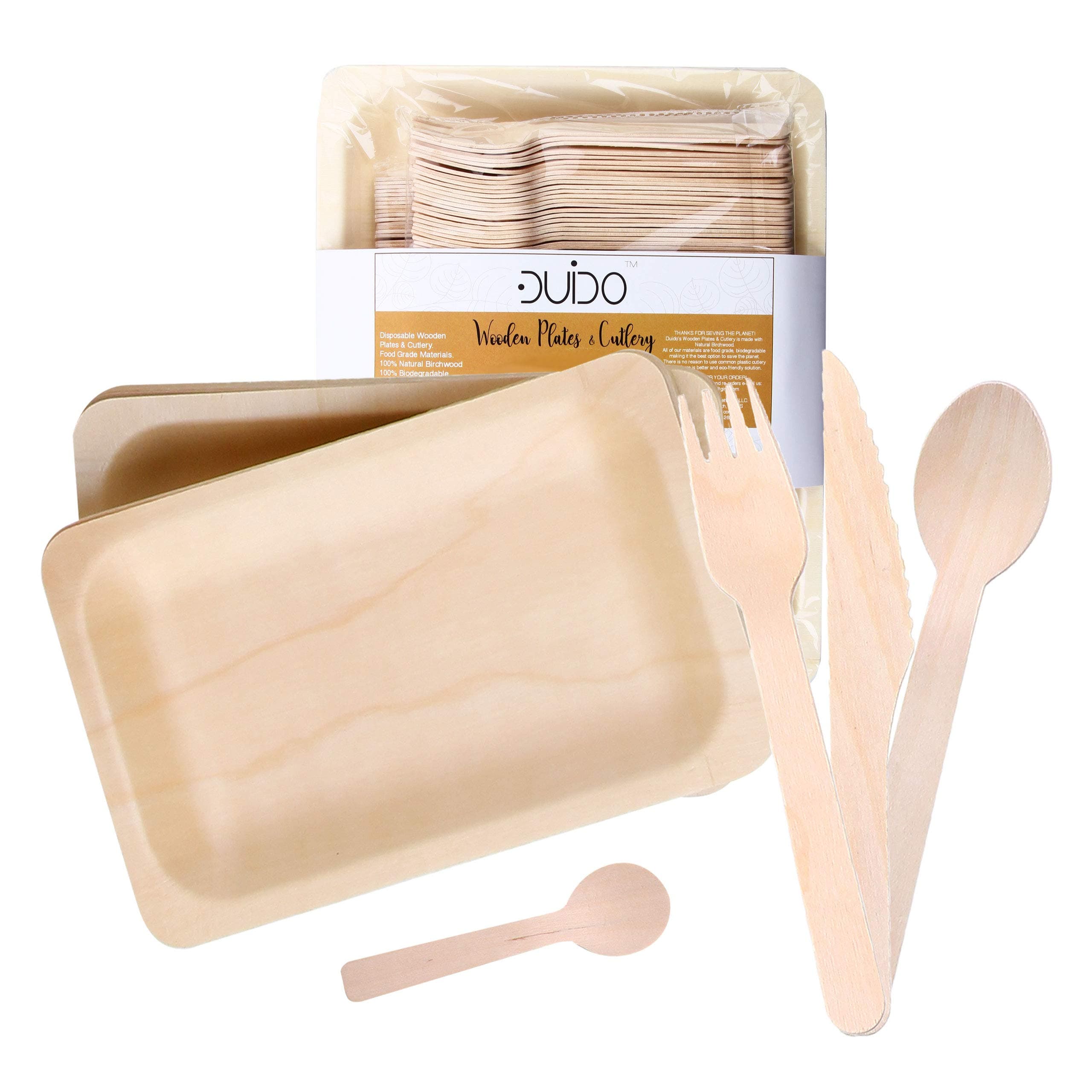 Disposable Biodegradable Plates and Wooden Cutlery - (Pack of 150) 30 7.8-inch Plates 30 Forks 30 Knives 30 Spoons 30 Small Spoons Eco-Friendly Silverware Compostable Flatware Biodegradable
