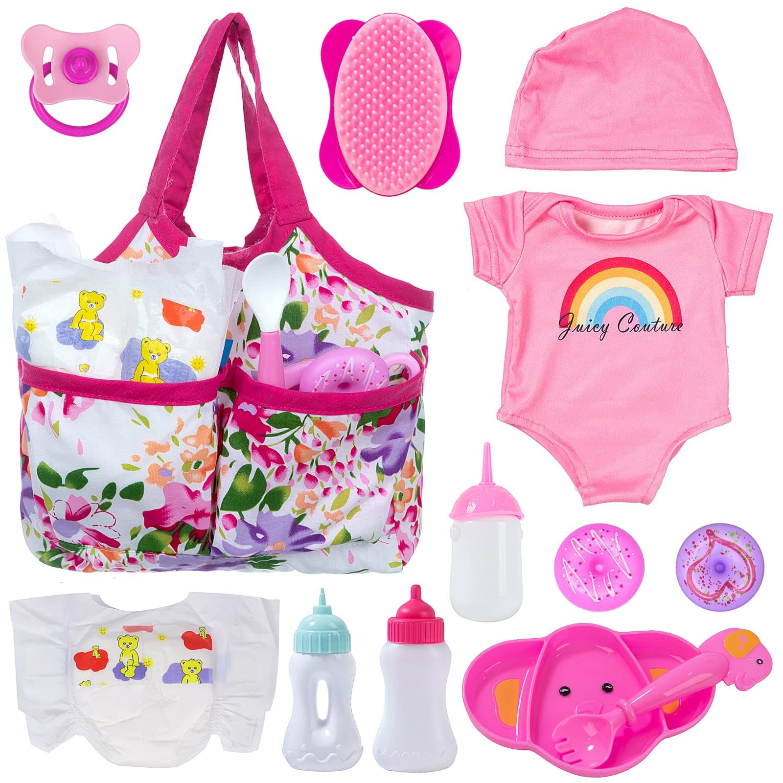 Ecore Fun 13 Piece Baby Doll Accessories Feeding and Caring Set Includes Diaper Bag Clothes Diapers Baby Bottles Dinner Plate Pacifier Comb Babies Pretend Play Set for Toddlers Kids