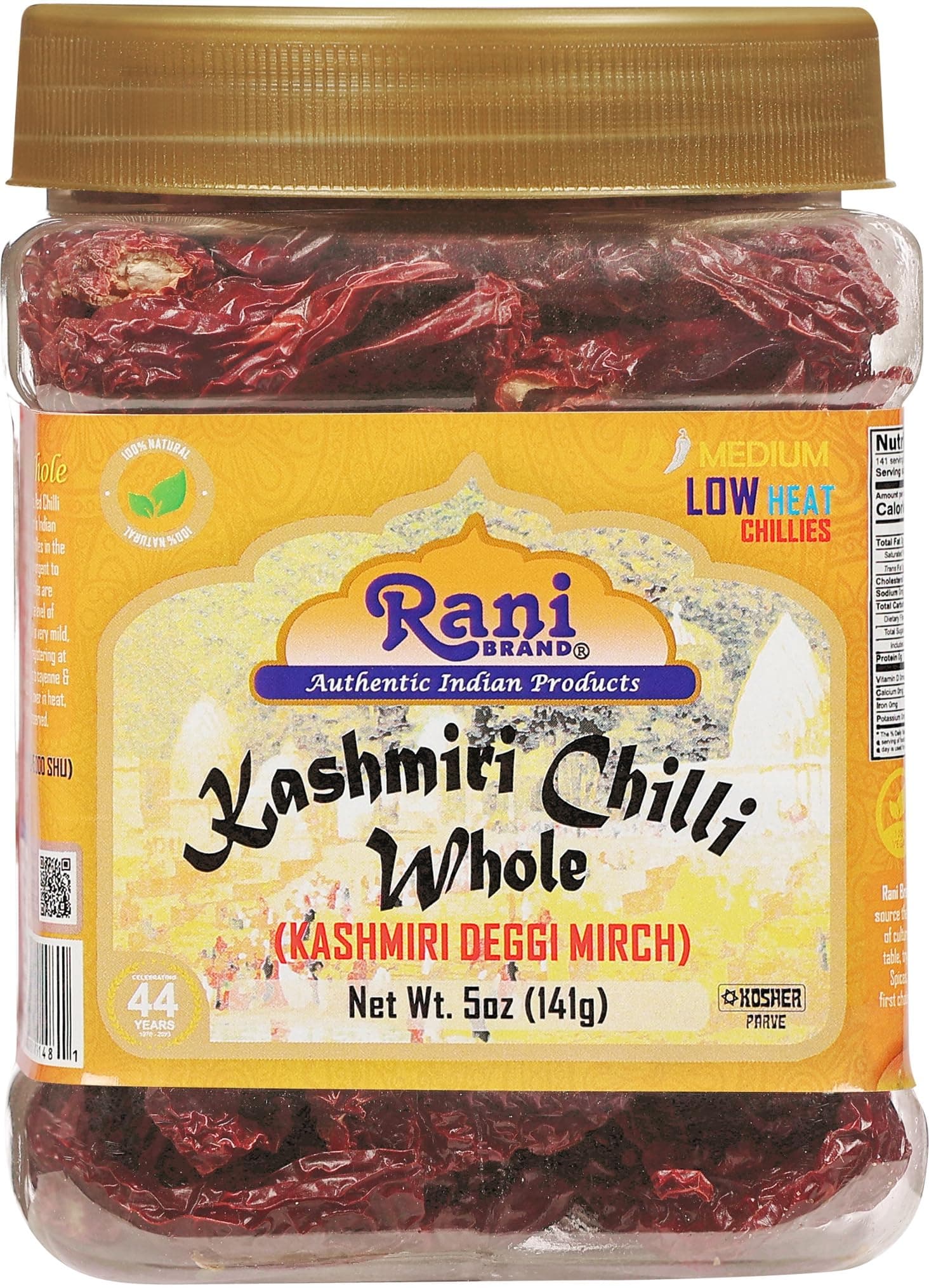Rani Kashmiri Chilli Whole (Deggi Mirch, Low Heat) 5oz (141g) PET Jar ~ Natural | Salt-Free | Vegan | No Colors | Gluten Friendly | NON-GMO | Kosher | Indian Origin