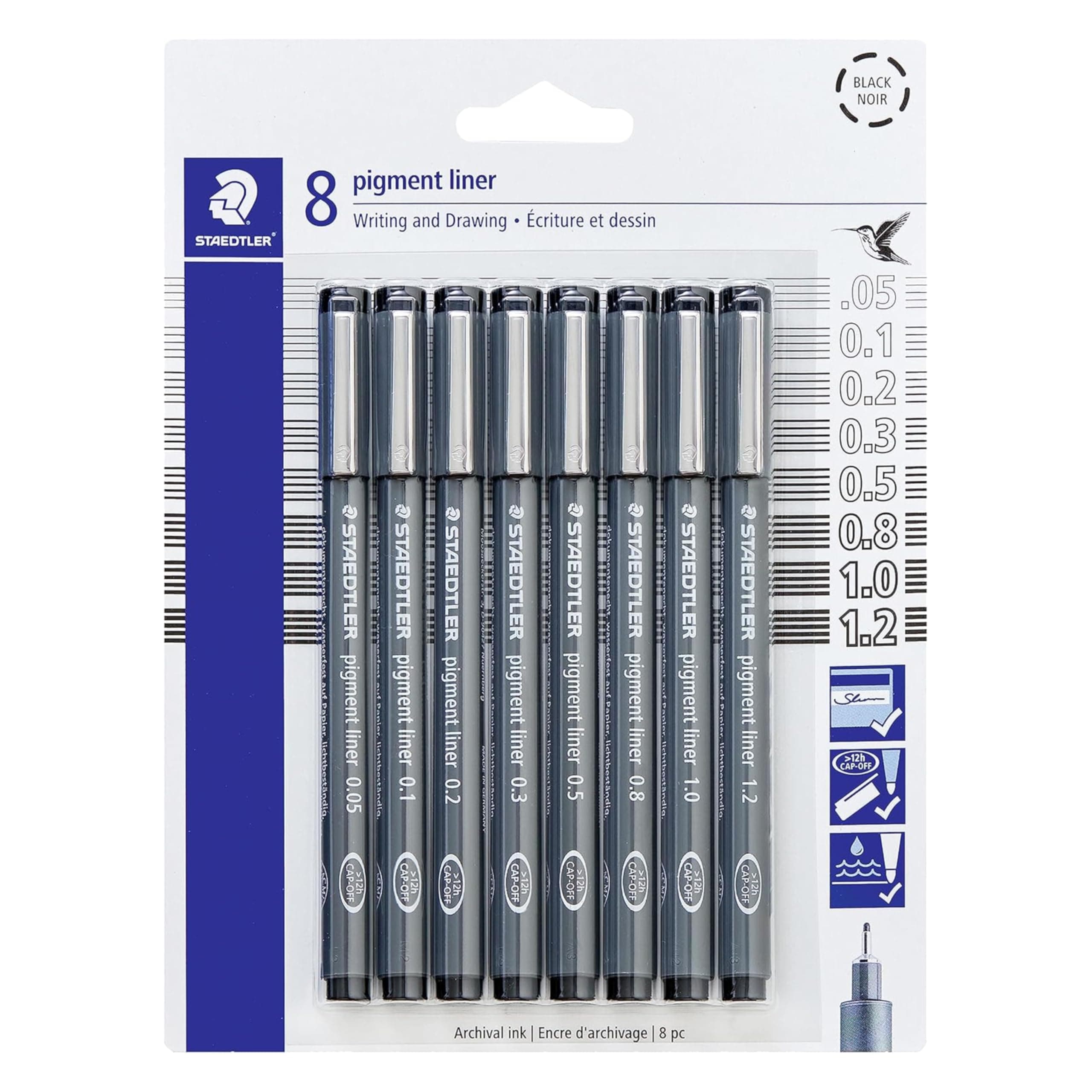 Pigment Liner Pack, Black, 8 Pens, Assorted Line Widths, 0.05mm, 0.1mm, 0.2mm, 0.3mm, 0.5mm, 0.8mm, 1.0mm, 1.2mm