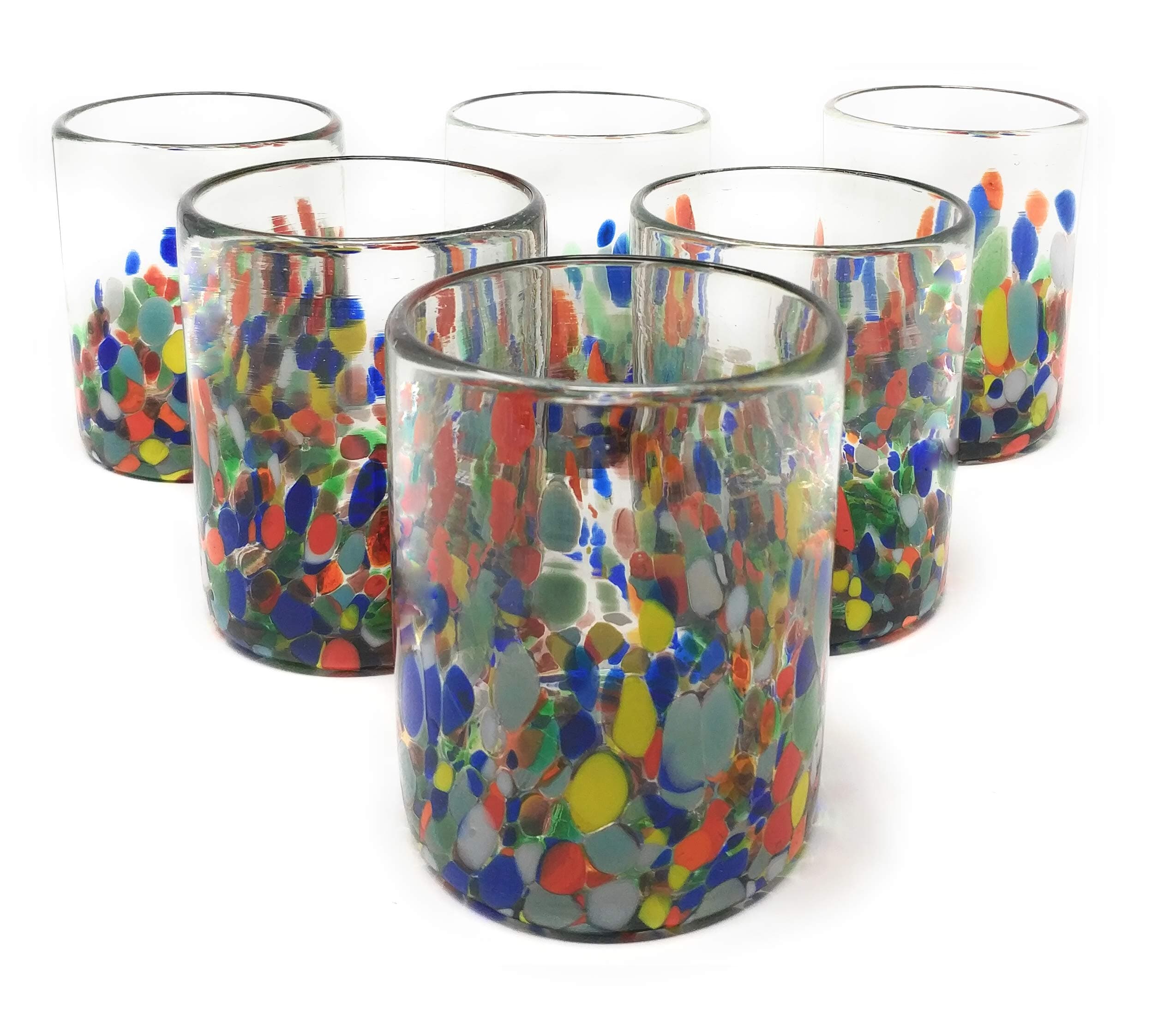 Dos Sueños Hand Blown Mexican Drinking Glasses – Set of 6 Confetti Carmen Tumbler Glasses (10 oz each)