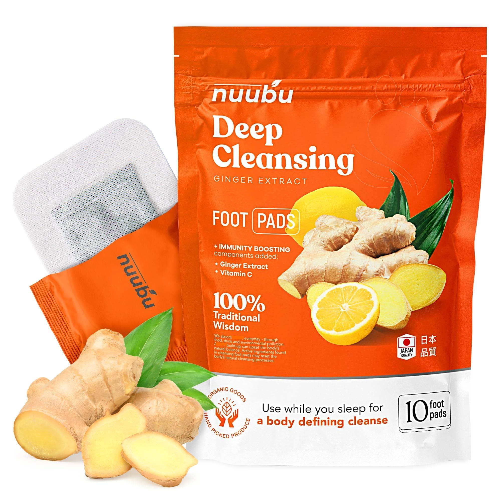 Nuubu Foot Patches (10 Plasters) Natural Foot Cloths with Ginger and Wood Vinegar