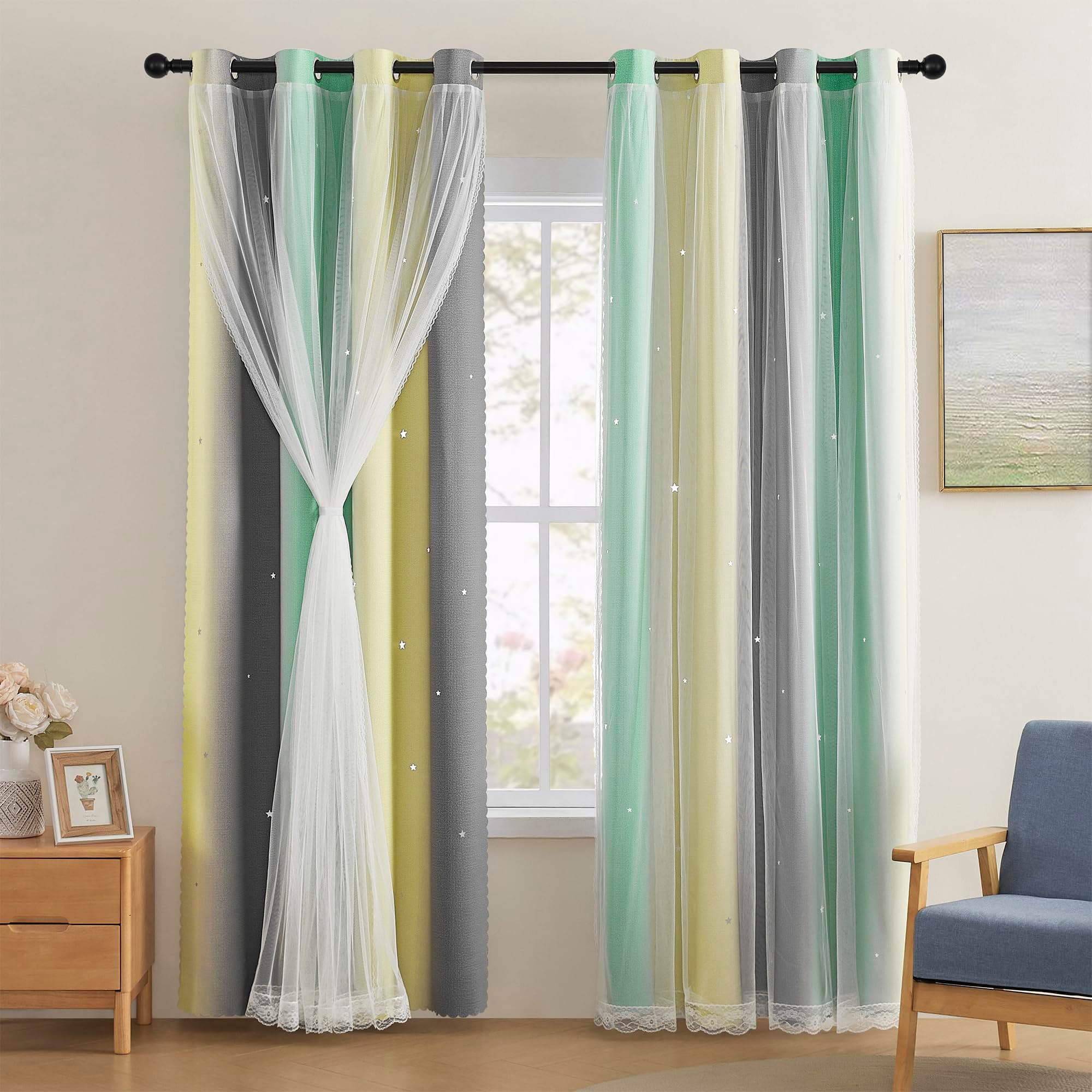 XiDi Yellow & Rainbow Curtains for Kids & Girls Room - Blackout, Grey & Green 52x72 Inch Long with Unicorn Wall Decals