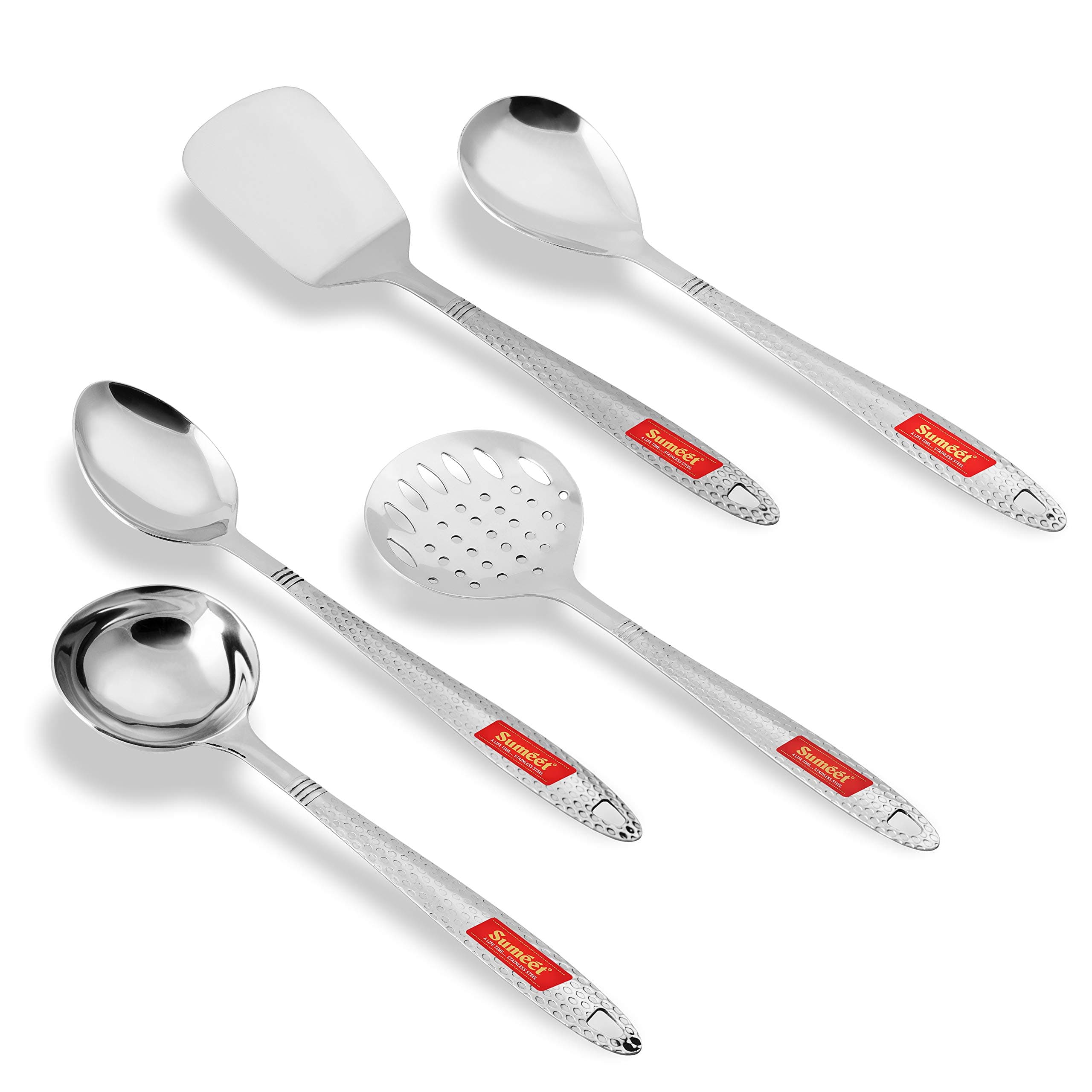 Sumeet Stainless Steel Big Serving and Cooking Spoon Set of 5pc (1 Turner, 1 ...