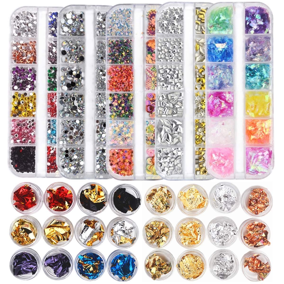 editTime Nail Art Rhinestones & Stickers Kit - Clear AB Nail Diamond Crystal Colour Flat back Rhinestones Metal Nail Rivets Studs Ice Mylar Shell Foil Chip Nail Stone Studs Gems(Mixed)