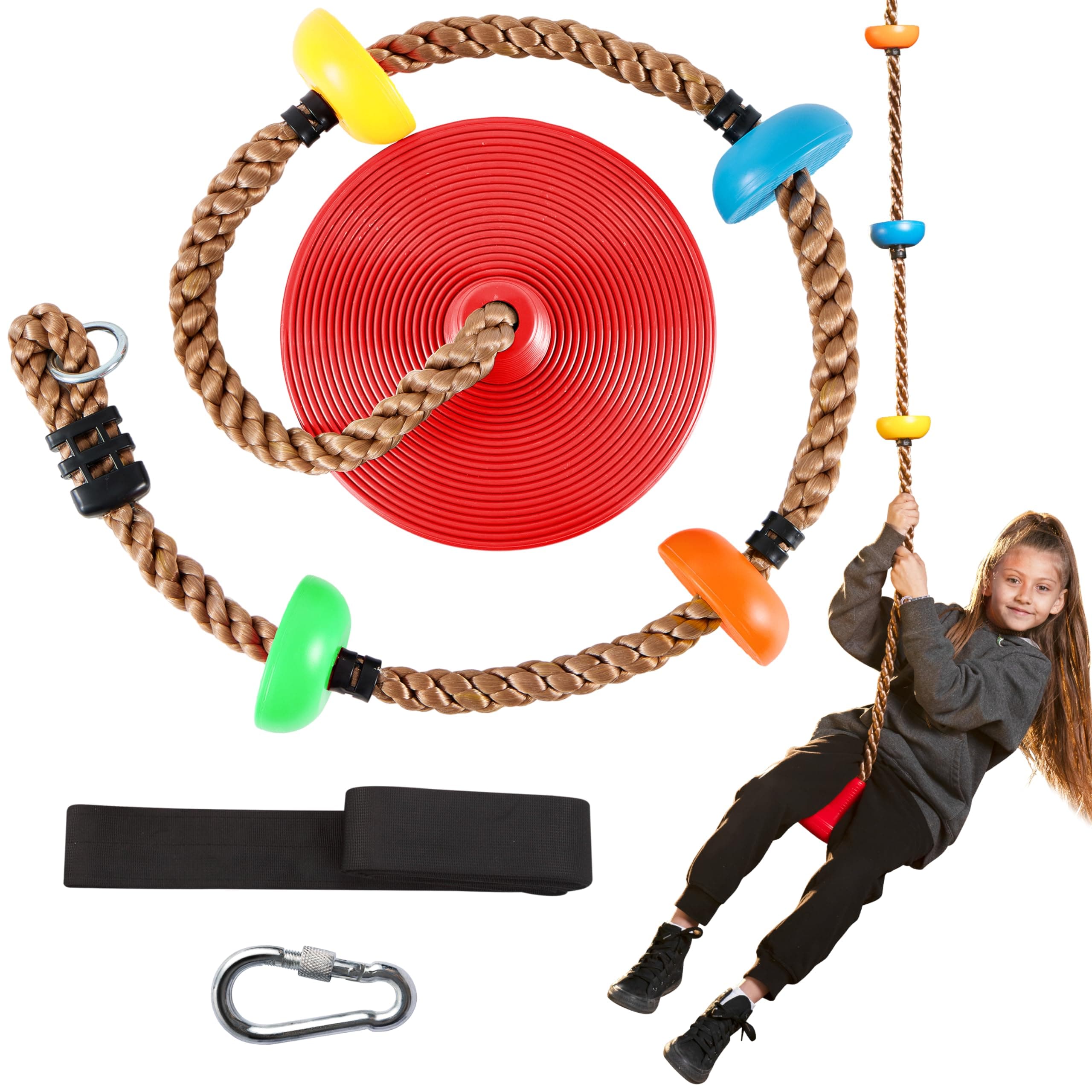 TURFEE Tree Swing for Kids, Single Disk 6 Ft Outdoor Climbing Rope, Carabiner & 4 Ft Tree Strap, Playground Accessories - Multi-Colored Disc Swing Seat-Red
