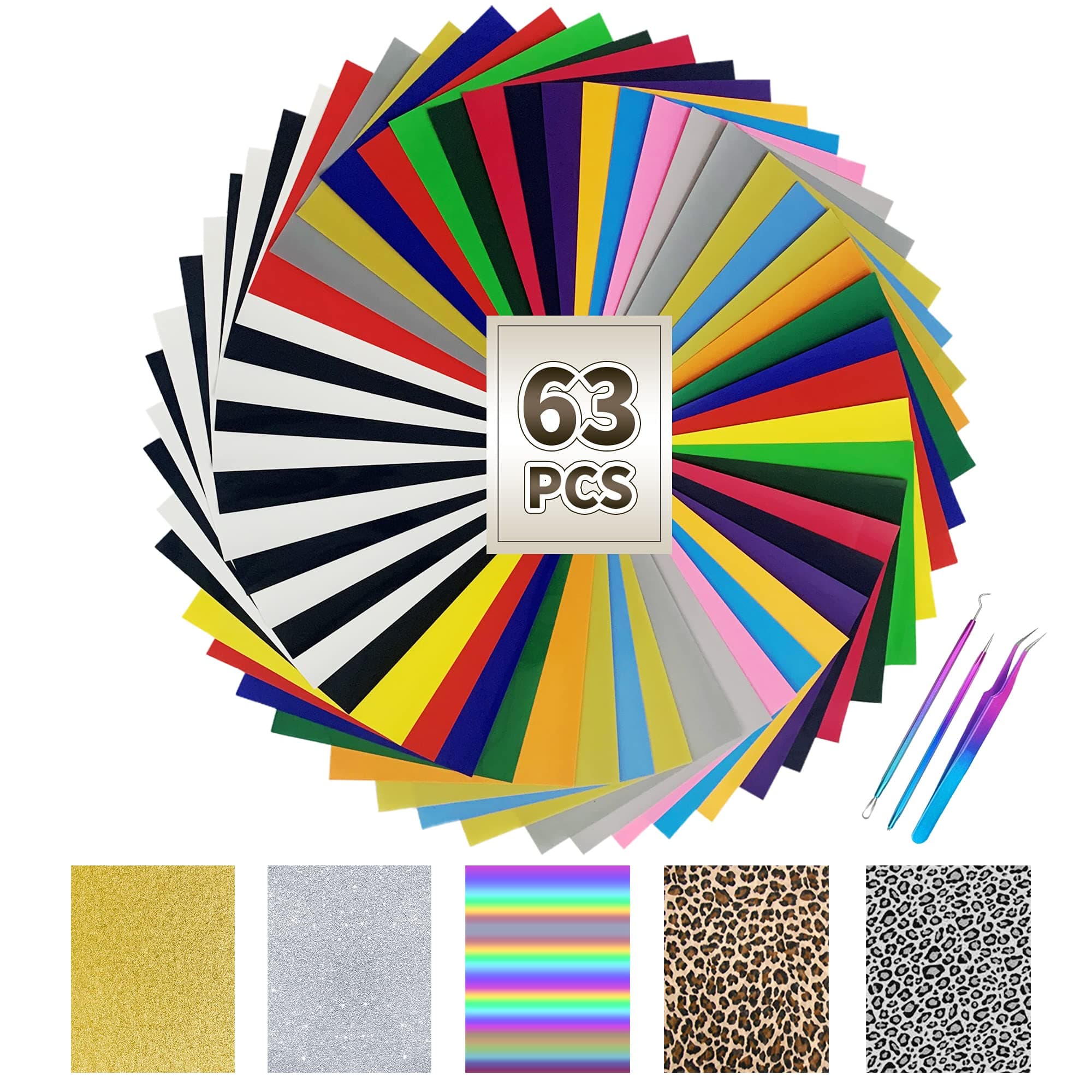 WLEAFJ HTV Heat Transfer Vinyl Bundle 12"x10" - 63 Pack Iron on Vinyl Sheets with 3 Pcs Weeding Tools Set and 2 Teflon Sheet for Cricut, Silhouette Cameo or Heat Press Design T-Shirts