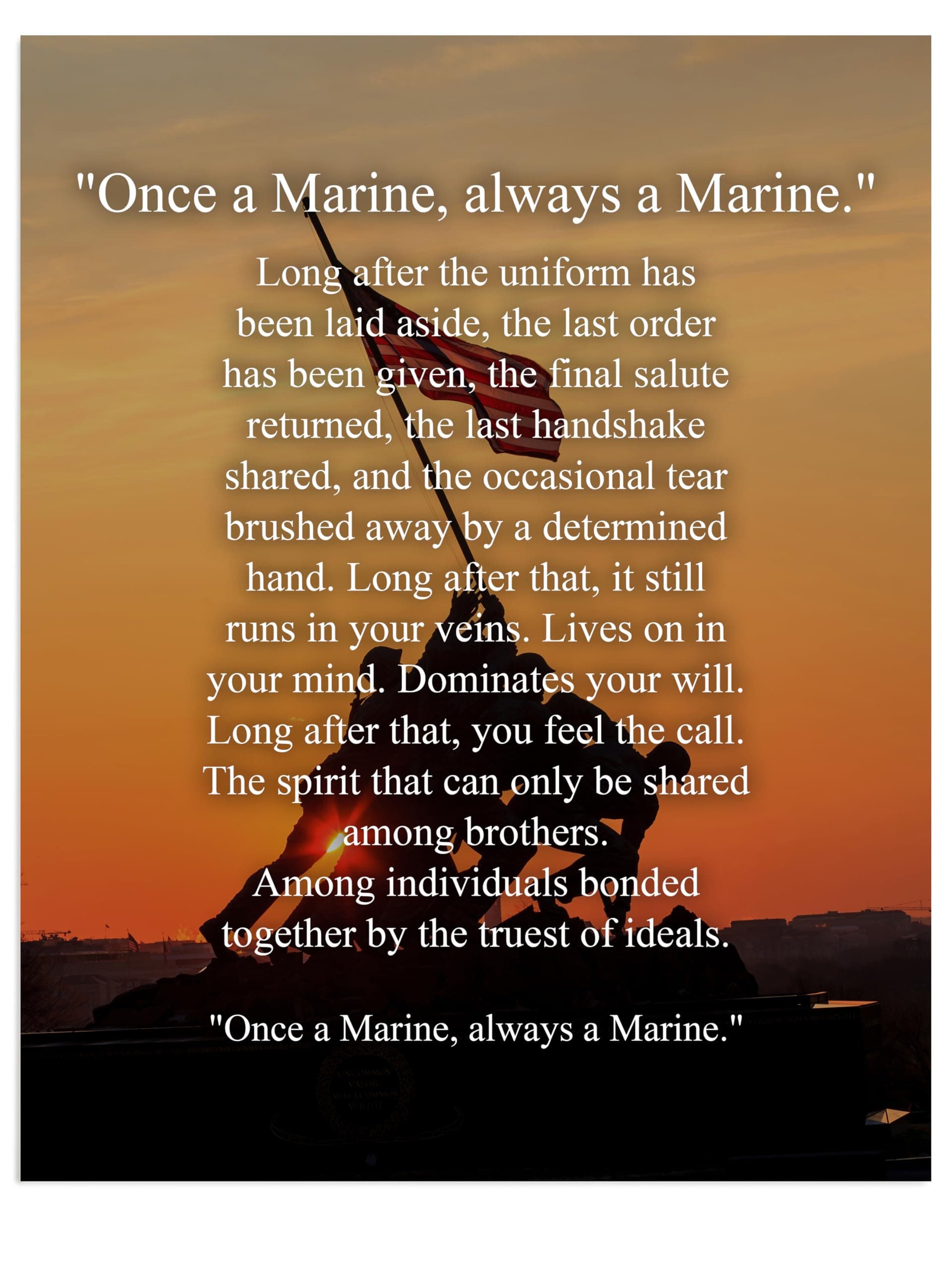 "Once a Marine Always a Marine"–Marine Corps Wall Art Gift for Veterans, Once a Marine Always a Marine Motivational Print, Military Retirement Office Home Decor, Emotional Brotherhood Quote. Made in USA, 8x10 Unframed