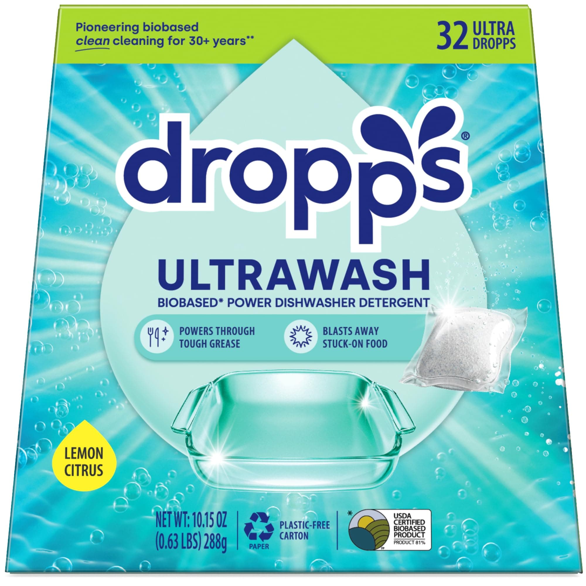 UltraWash Dishwasher Detergent Pods, Lemon Citrus (32 Ct) - Cuts Grease & Stuck-On Food | Sparkling Dishes & Glasses | Residue-Free | Clean Ingredients | No Pre-Rinse | Plastic Free Packaging