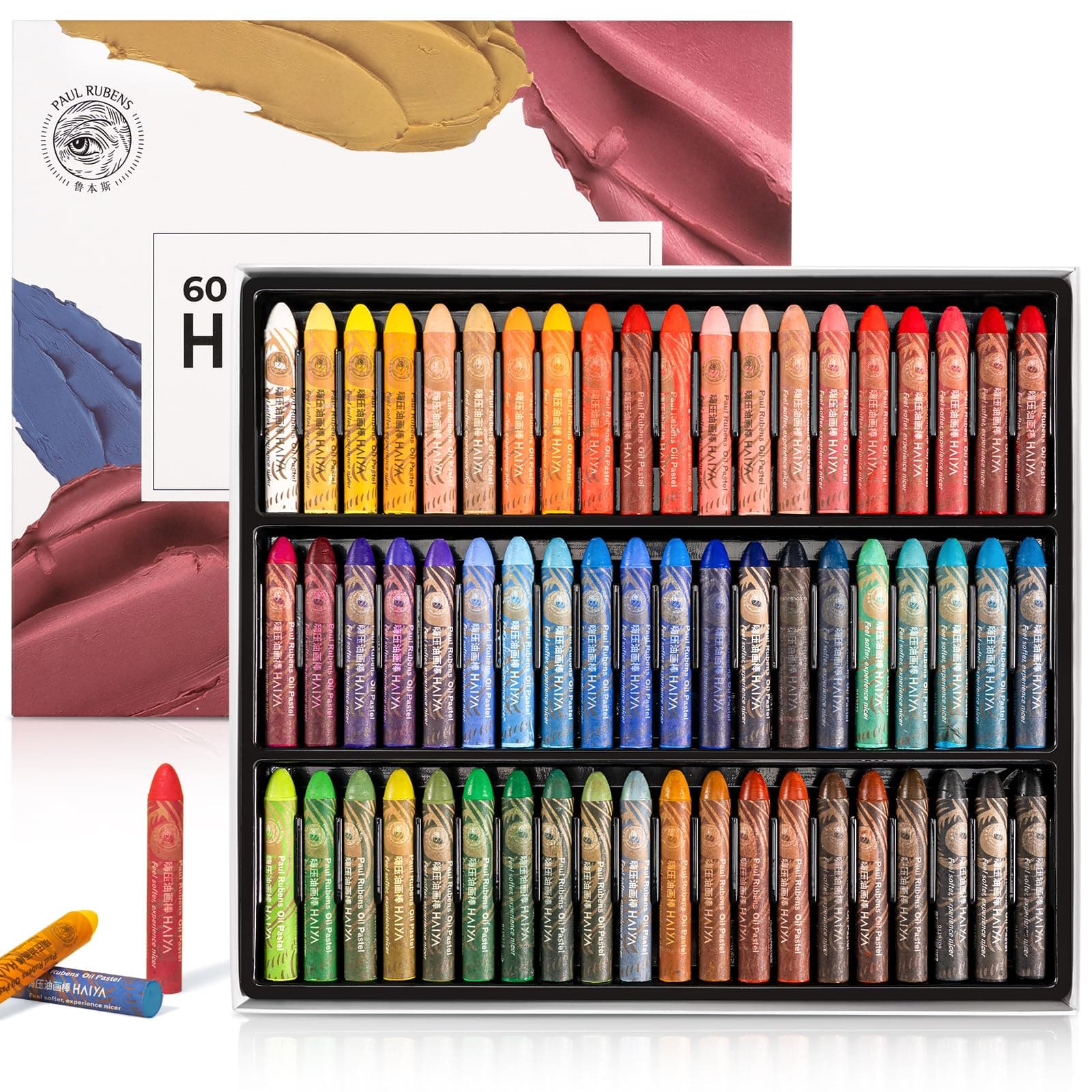 Paul Rubens Oil Pastels, 60 Vibrant Colors Soft Oil Pastel Set, Creamy texture Easy to Blend, Bullet Heads HAIYA Oil Pastels for Artists, Painting, Drawing, Beginners, Students