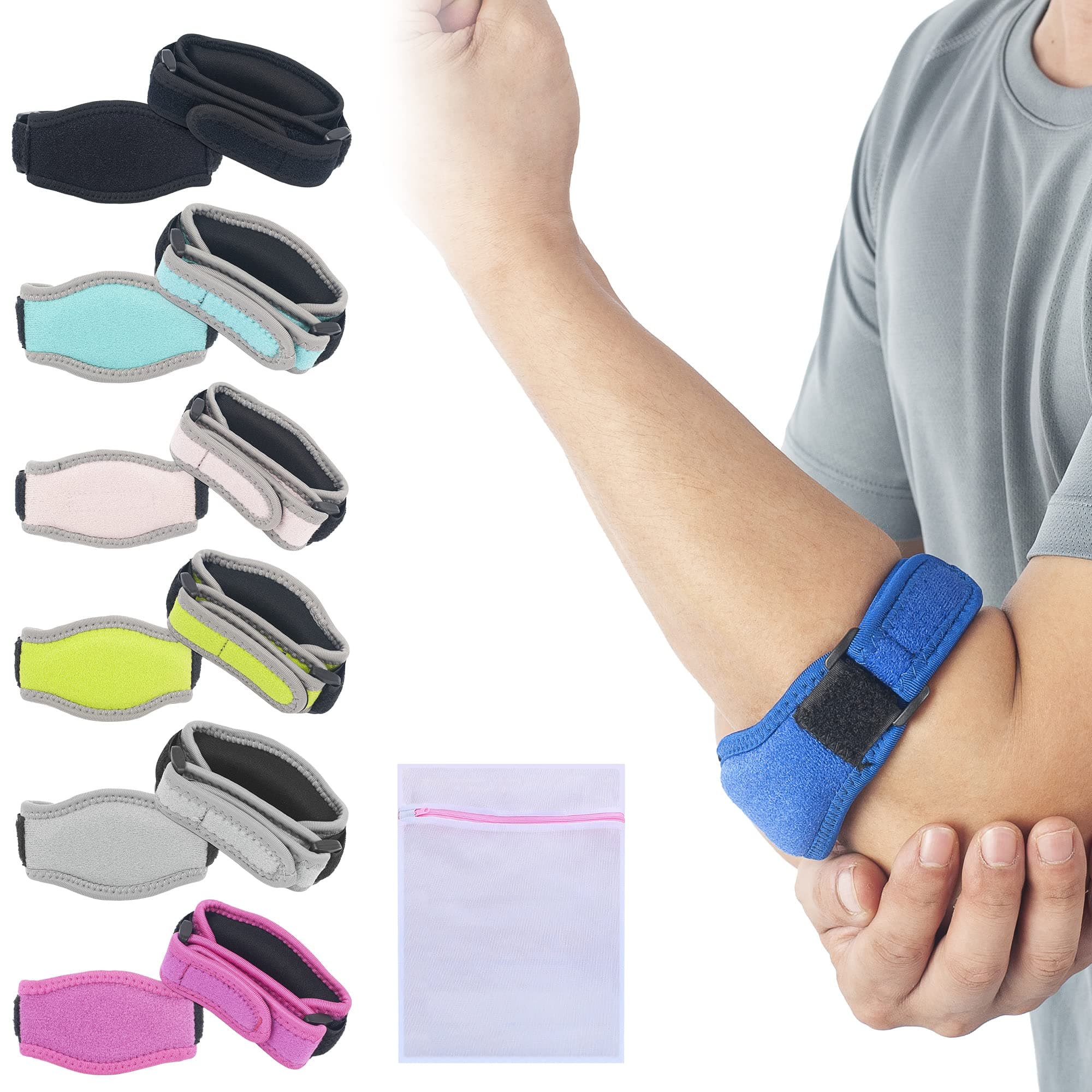 360 RELIEF Tennis & Golfers Elbow Support Brace - Padded Adjustable Strap for Men & Women | Pain Relief Injury Tendonitis Arthritis Basketball Weightlifting | Single Dark Blue with Mesh Laundry Bag |