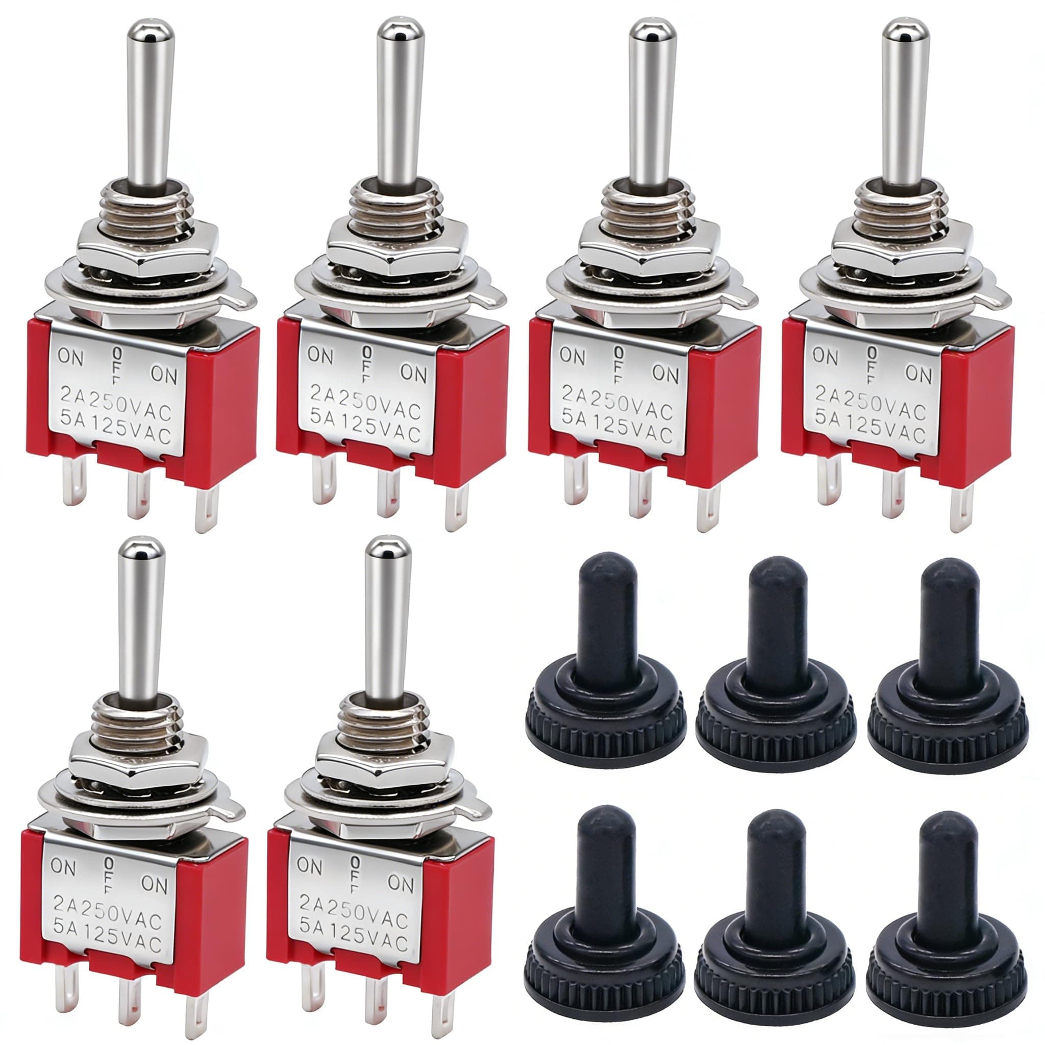 Twidec/6Pcs Mini Momentary Toggle Switch SPDT 3 Position 3 Pins (0N)-Off-(ON) Miniature Toggle Switch AC 5A/125V 2A/250V Car Boat Switches with Waterproof Cap MTS-123-MZ