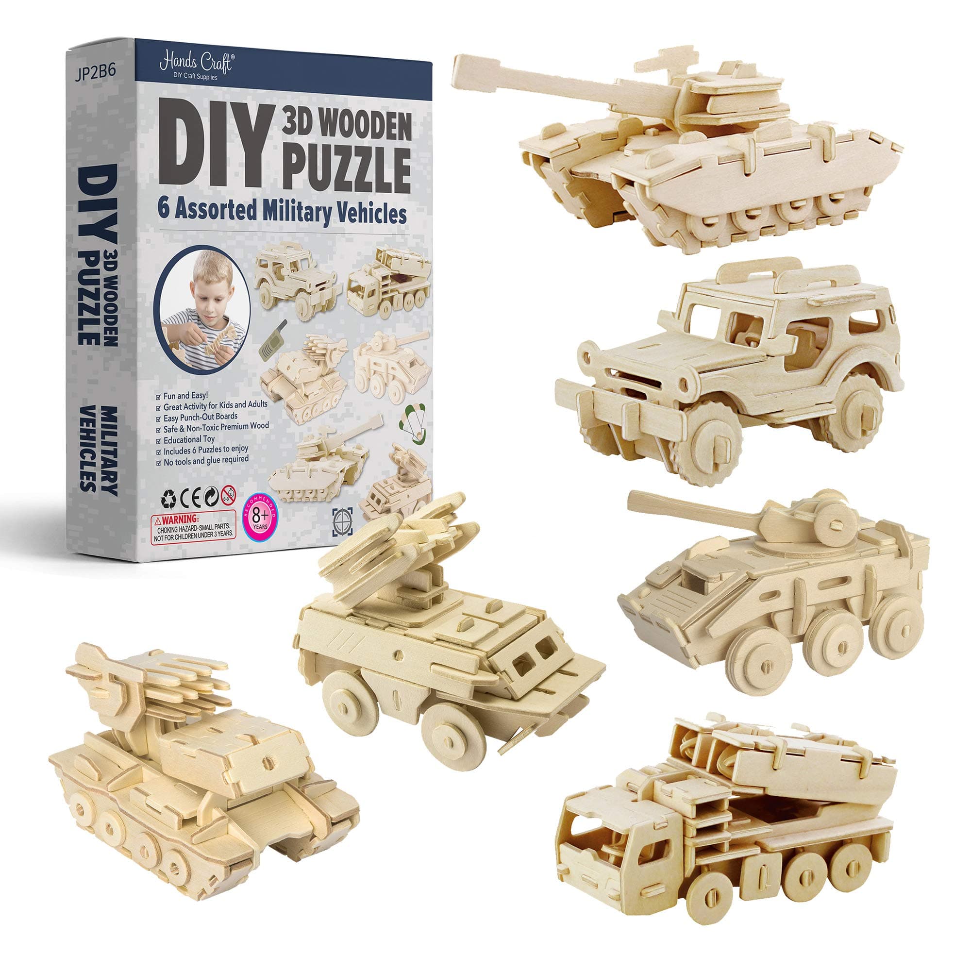 Hands Craft DIY 3D Wooden Puzzle – 6 Assorted Military Vehicles Bundle Pack Set Brain Teaser Puzzles Educational STEM Toy Adults and Kids to Build Safe and Non-Toxic Easy Punch Out Premium Wood JP2B6