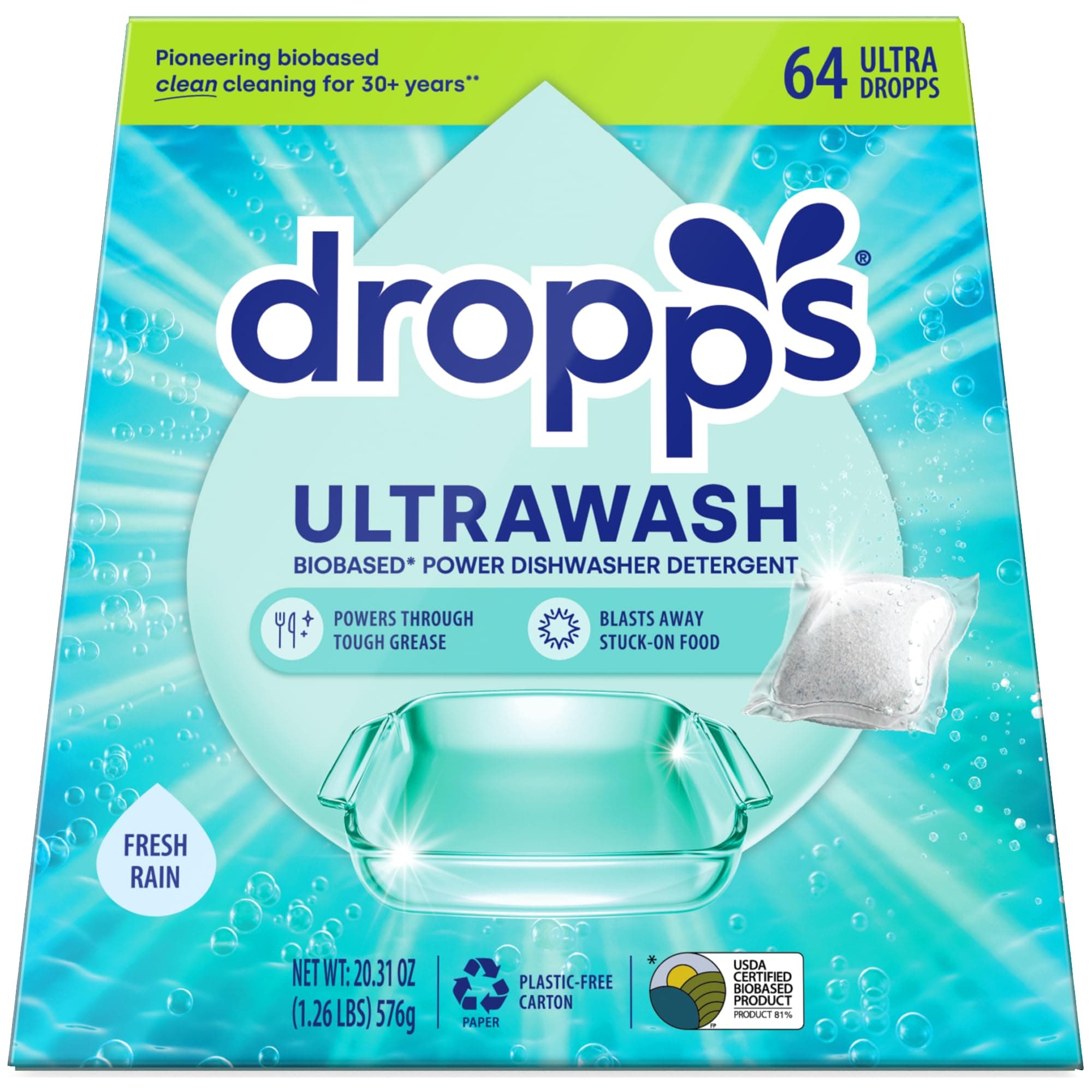 UltraWash Dishwasher Pods, Fresh Rain (64 Dish Tabs) - Biobased Power Deep Clean Dishwasher Detergent Tablets for Sparkling Shiny Dishes - No Rinse Aid or Pre-Wash Needed - Dishwashing Pods
