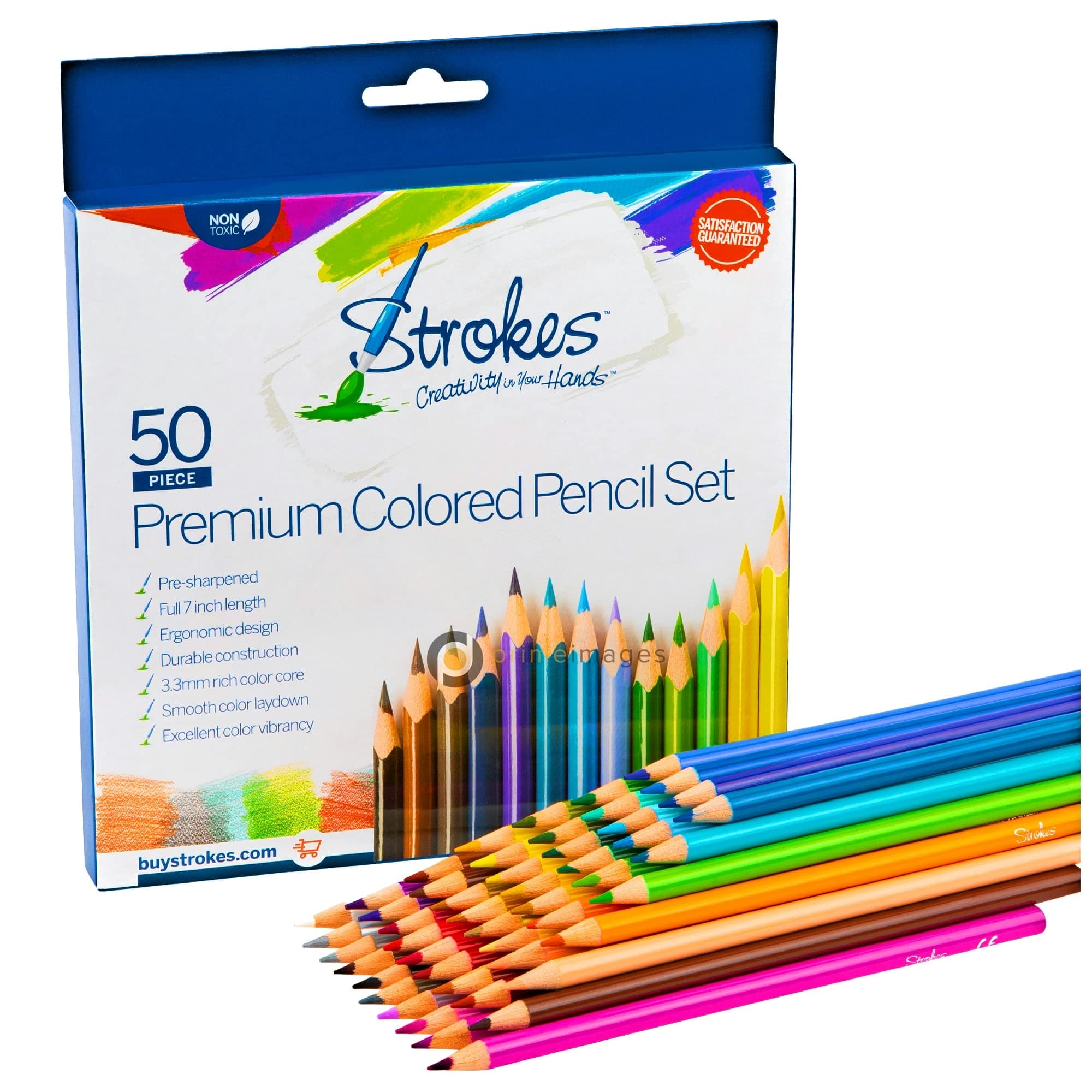 Strokes Art 50 Piece Artist Grade Premium Quality Colored Pencil Set Pop Colors, 7 Inches Long, Sharpened, 3.3 Smooth Lead