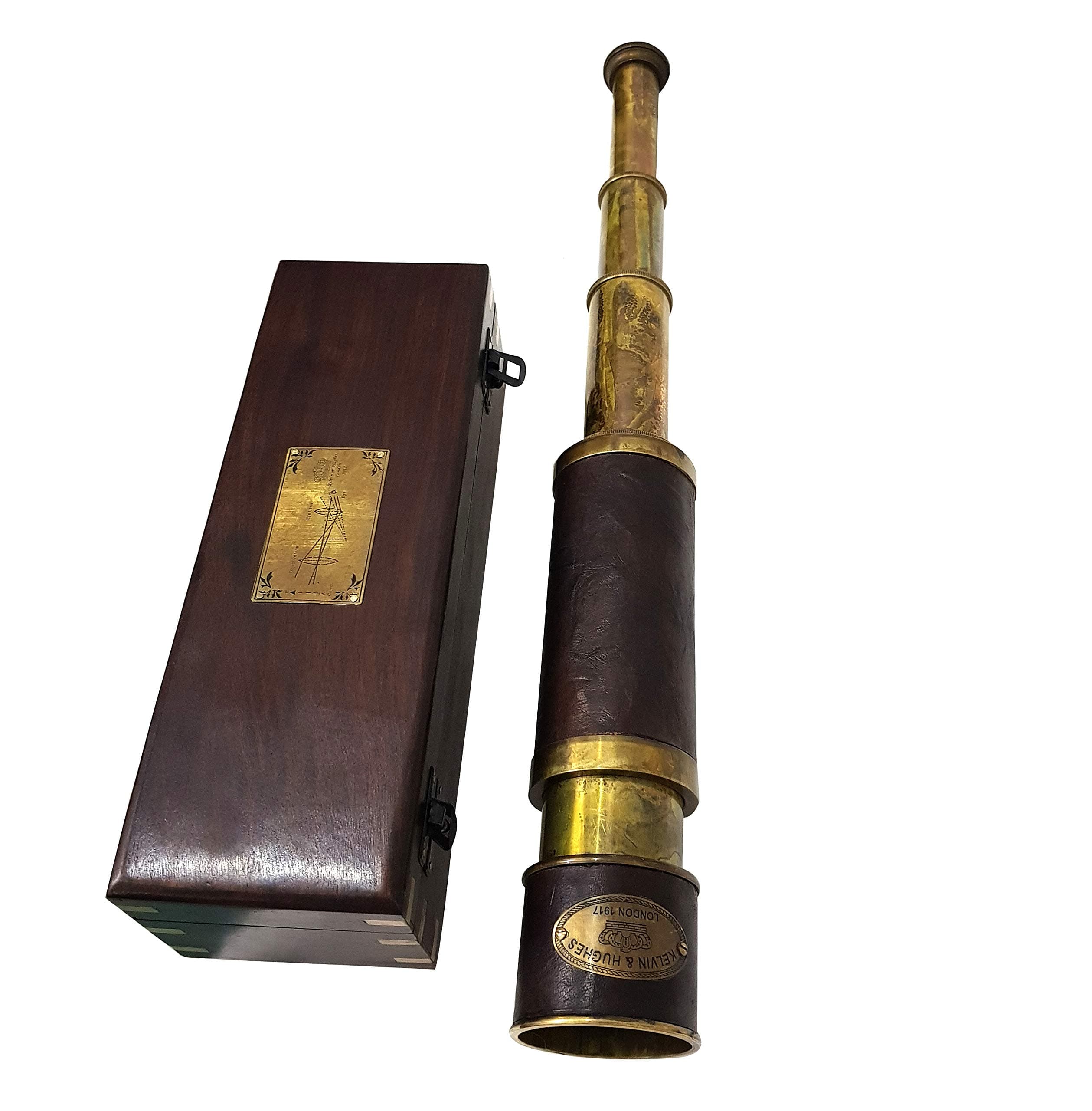 Antique Brass Leather Telescope Kelvin & Hughes London 1917 Spyglass Vintage Nautical Handheld Scope with Wooden Box Pirate Decor & Collectible Gift