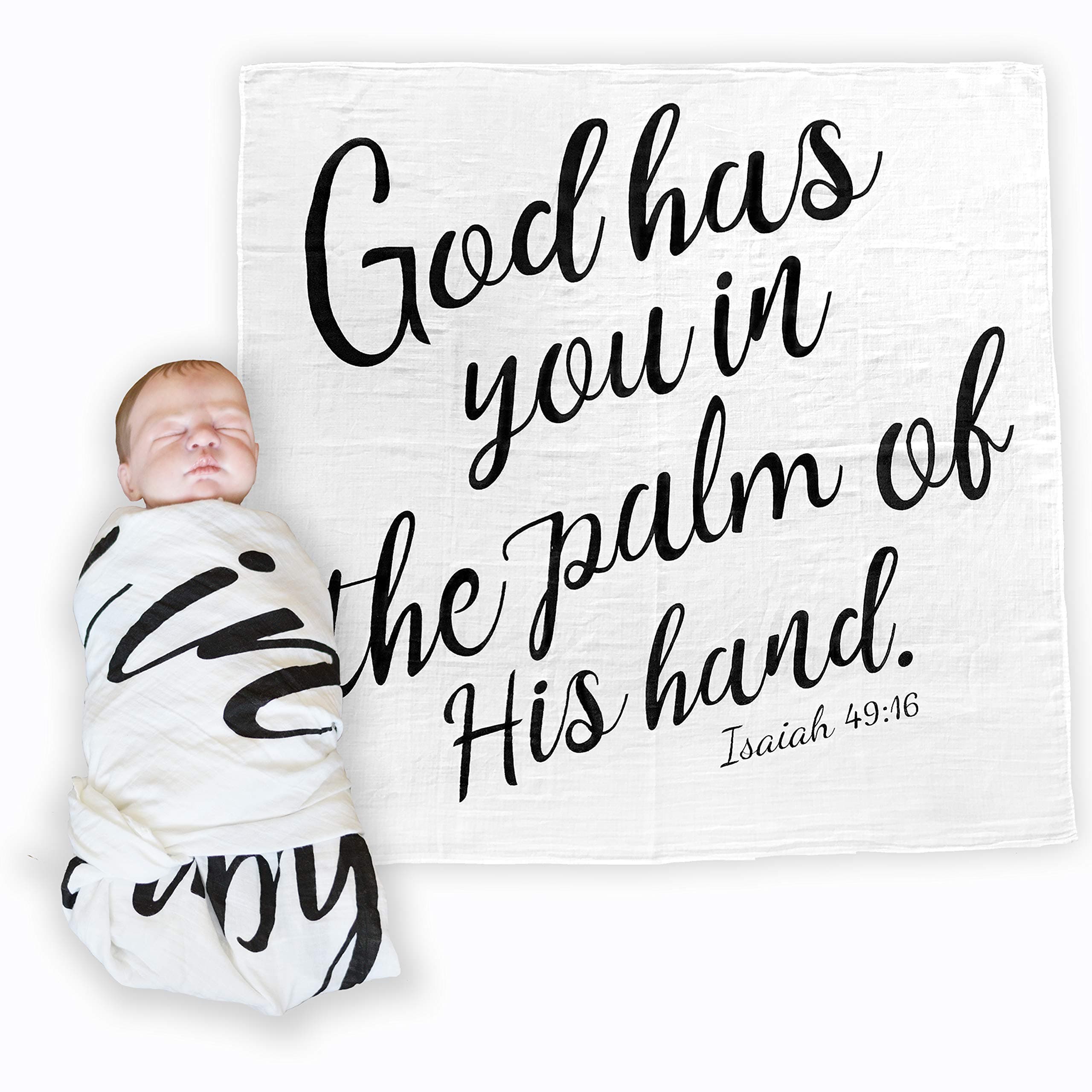YeegfeyA Baby Swaddle Scripture Blanket with Bible Verse Quote - Newborn Baby Shower Christening/Baptism Godchild or Dedication Gift - 100% GOTS Muslin Cotton Receiving Blanket (Isaiah 49:16)