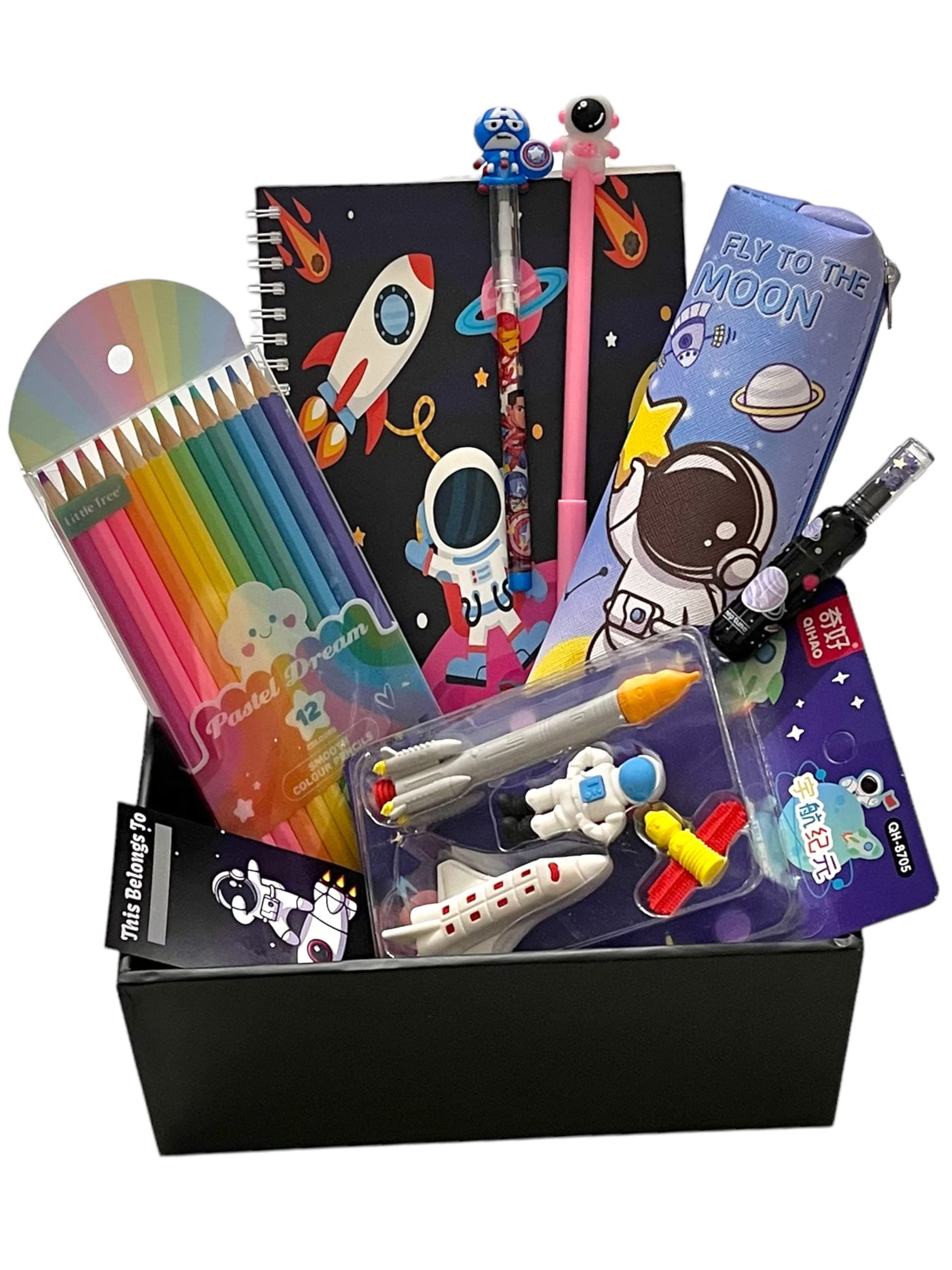Le Delite space goody box combo party favor supplies astronaut return gift kids - dream outer space diary copy notebook gel pen cute pouch highlighter pencil colors (ASTRONAUT) , multi