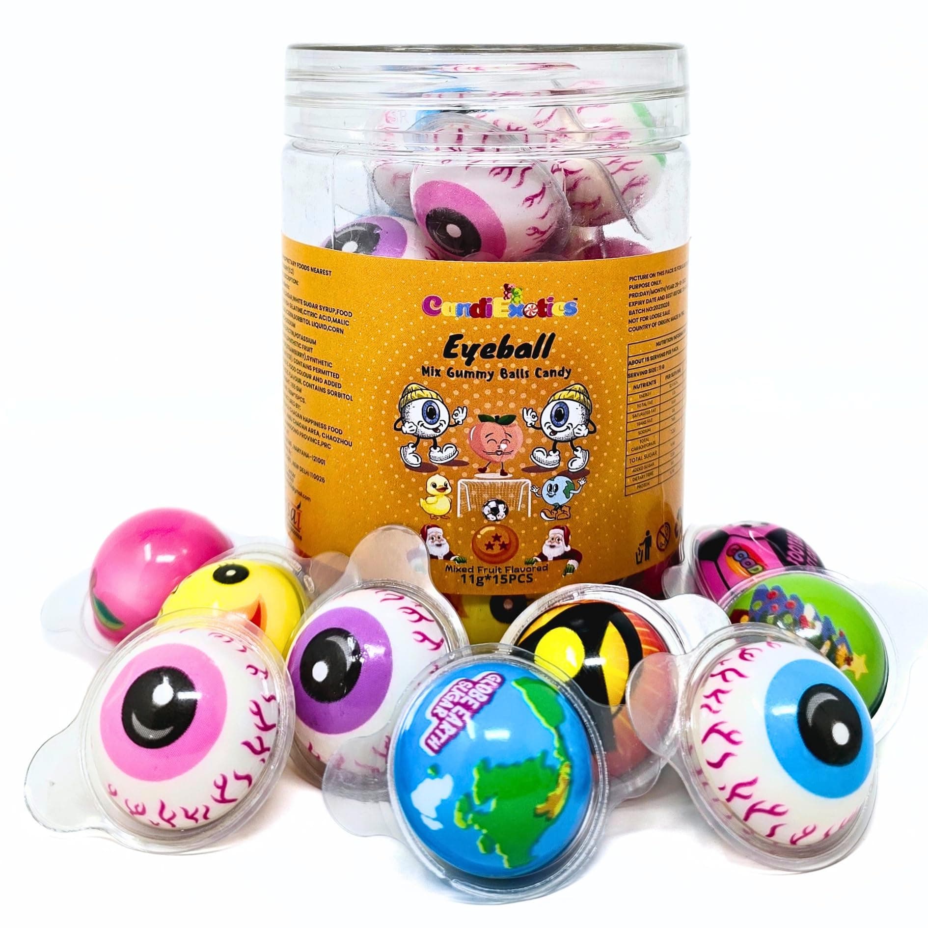3D Bursting Eyeball Jelly & Mix Shaped Balls | Center Filled Gummy | Spooky Halloween Treats (15Pcs Balls)