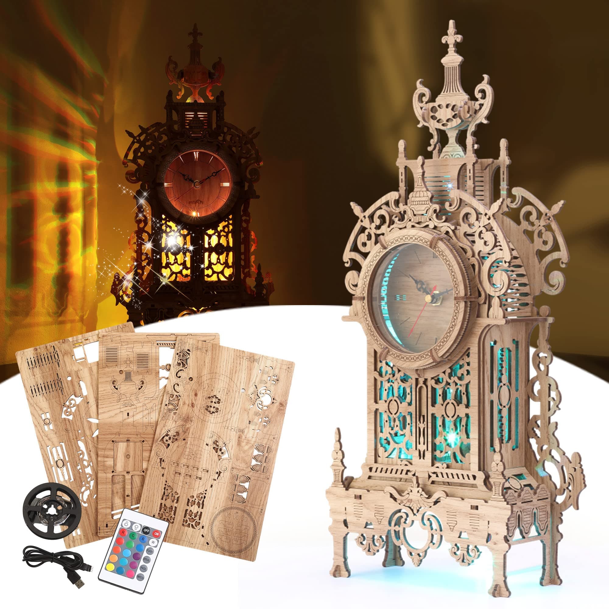 – LED 3D Wooden Puzzles for Adults Tower Clock - Wooden Kit for Adults to Build - 3D Puzzle Building Model Desktop Clock Model (LED-WTC01 Wood)
