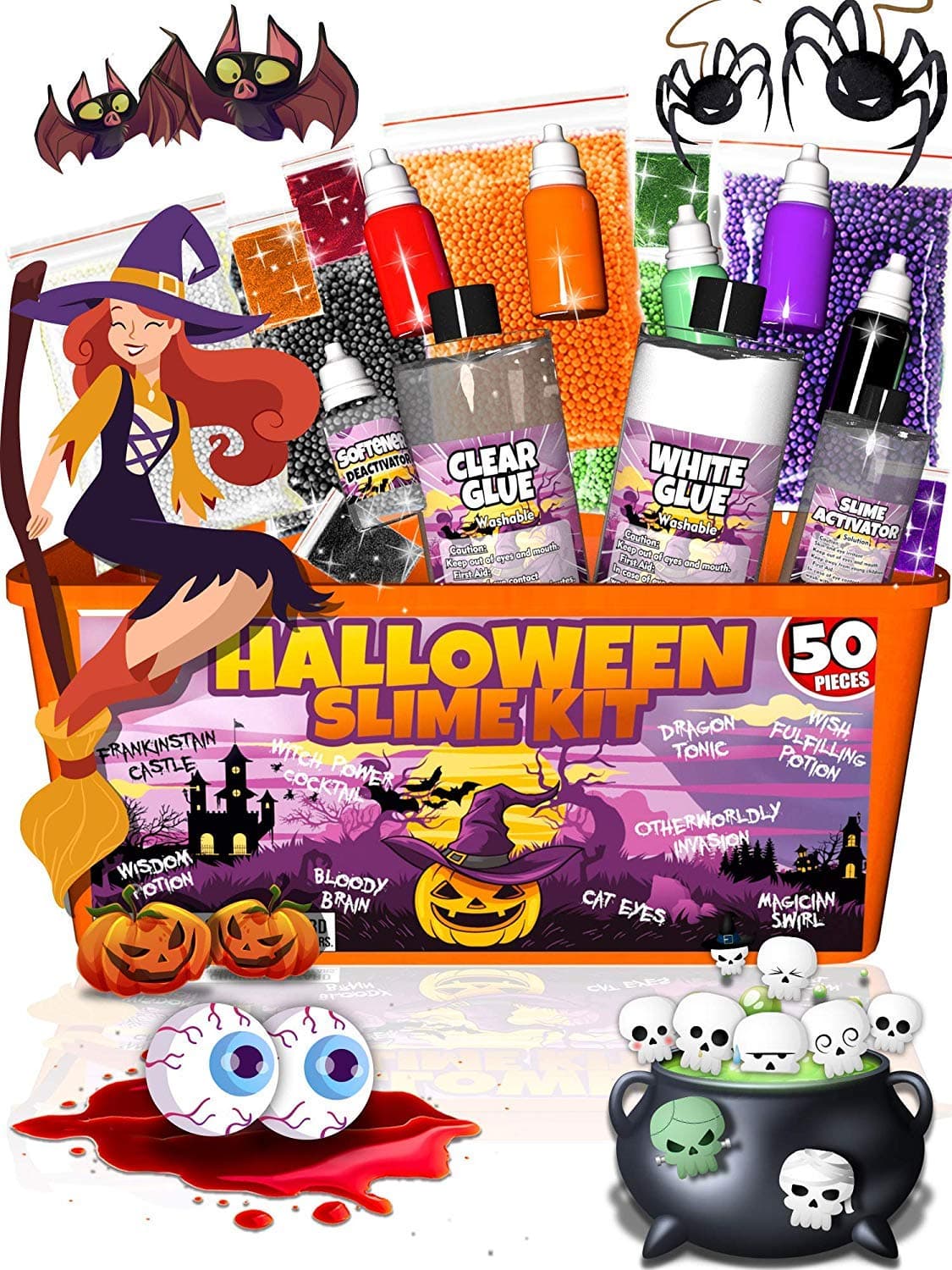 Laevo Spooky Slime Kit for Girls and Boys - 50 Pieces DIY Slime Making Set Supplies - Slime Glue, Activator, Glowing, Creepy, Scary, and Spooky Add Ins - Slime Making Kit Gift for Kids