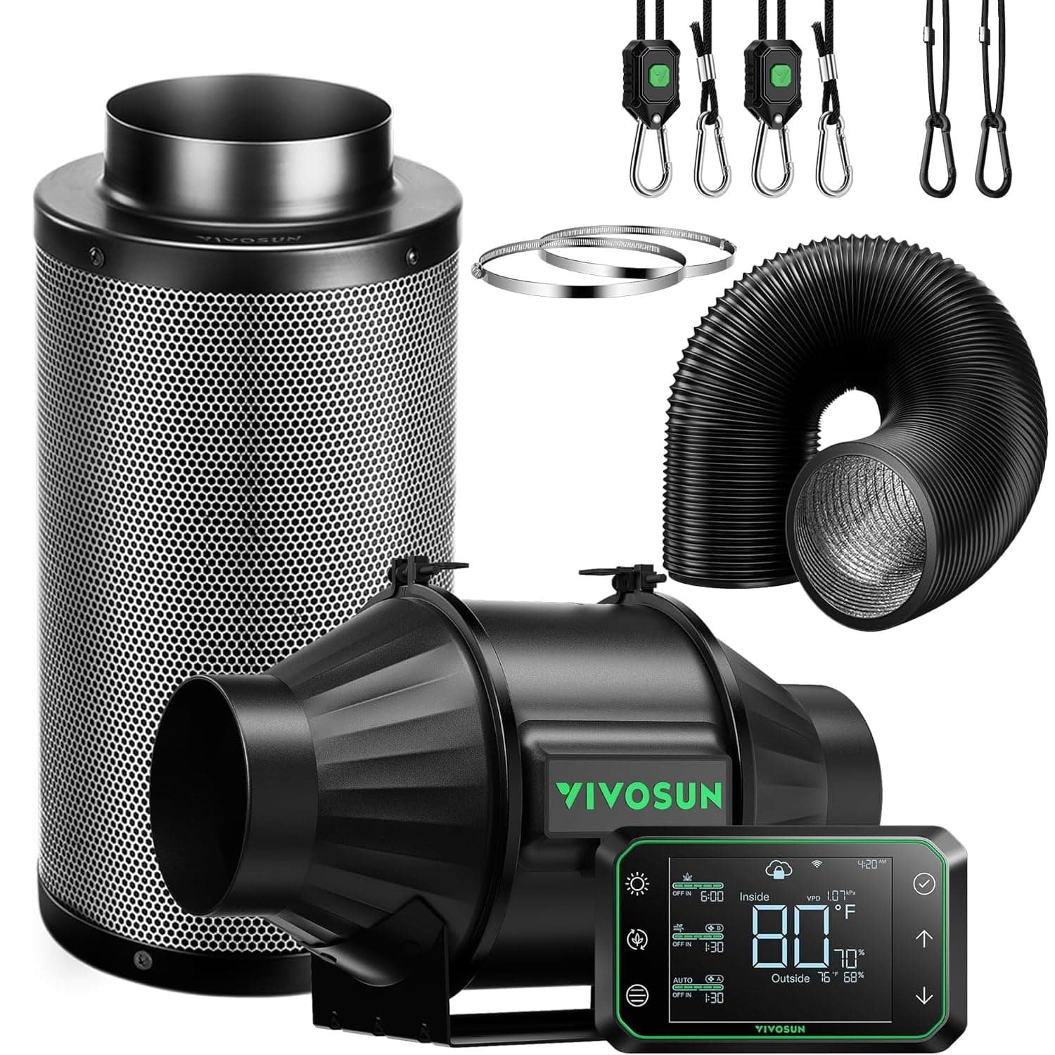 VIVOSUN Smart Air Filter PRO T4 Kit 4 Inch, AeroZesh T4 Inline Duct Fan, GrowHub E42A Temperature Humidity WiFi Controller, Carbon Filter & Duct, Cooling & Ventilation System for Glow Tent
