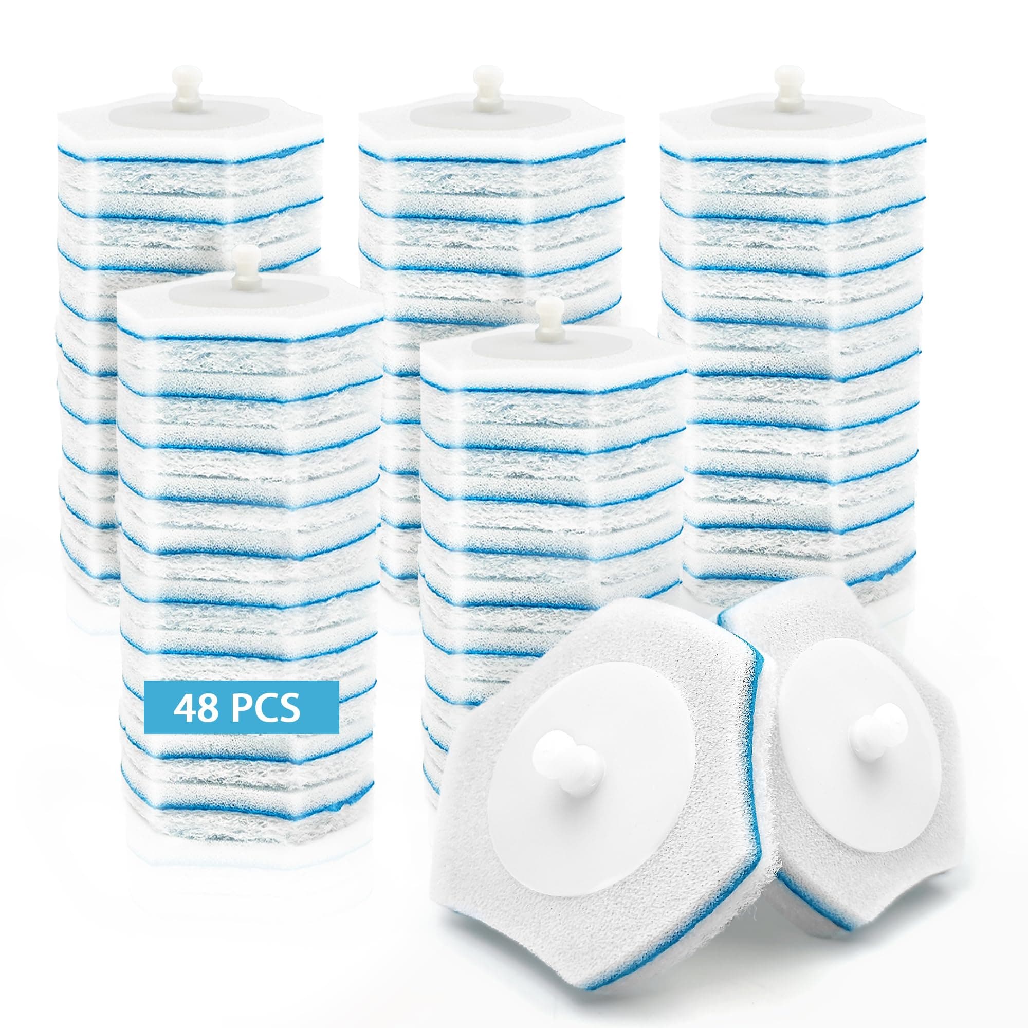 Disposable Toilet Bowl Brush Refills 48 Packs, Bathroom Scrubber Wand Replacement Cleaner Pads for Sink Bathtub Wash Basin Mop Pool, Blue White