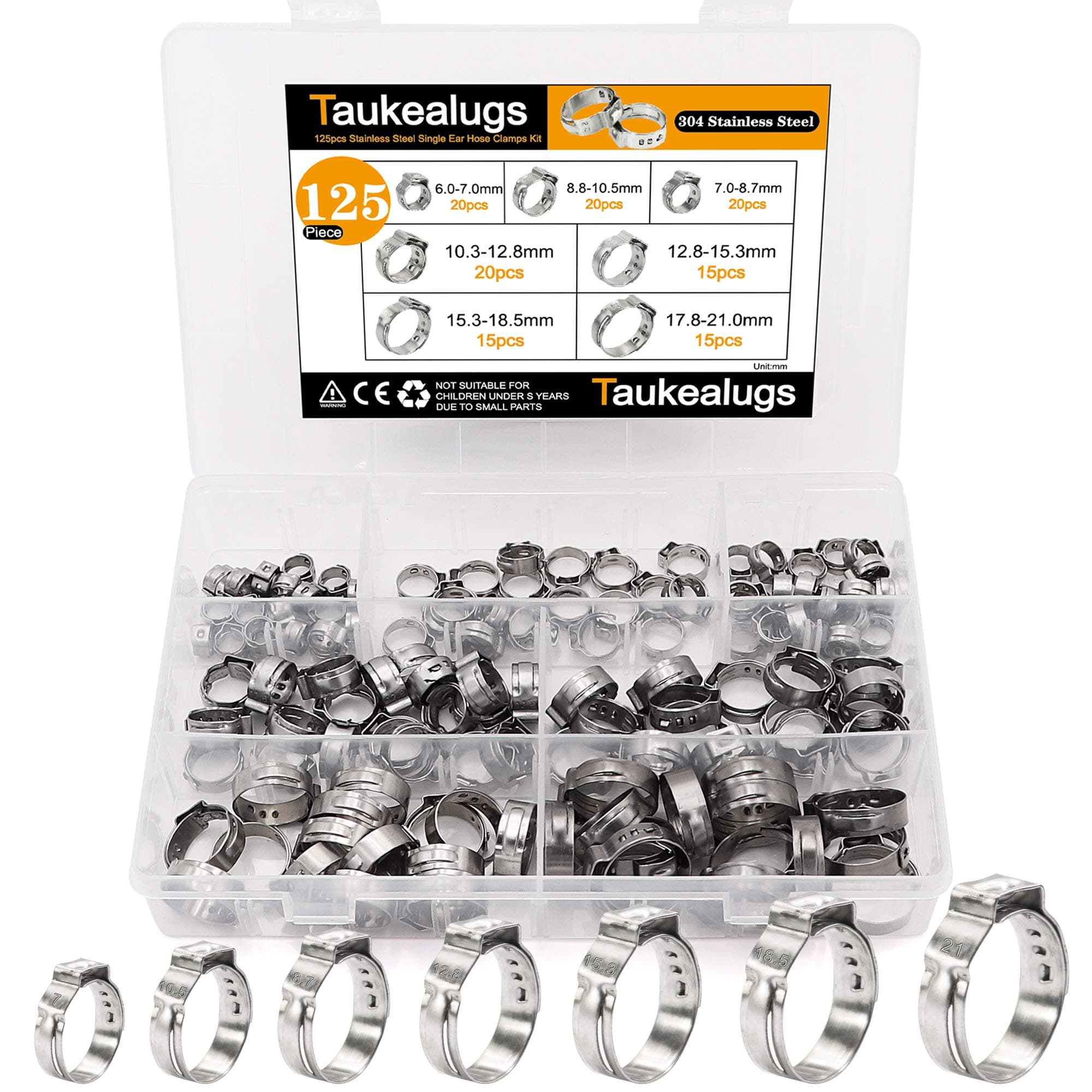 125Pcs 304 Stainless Steel Single Ear Hose Clamps 7 Sizes 6-21mm for Securing Pipe Hoses and Automotive Use