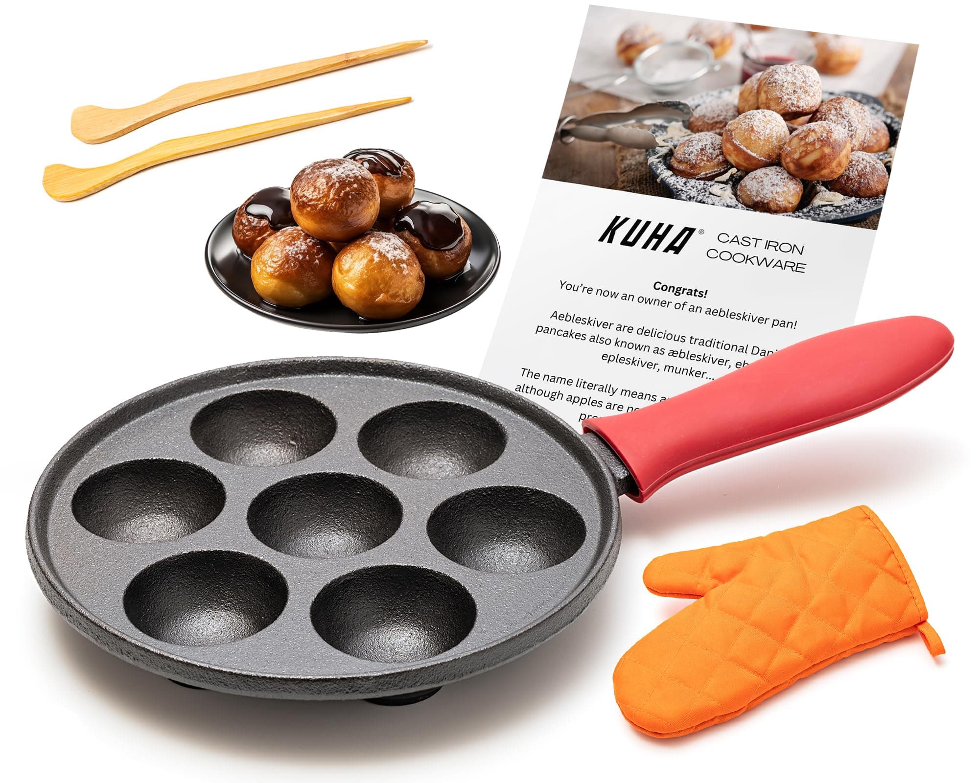 KUHA Cast Iron Aebleskiver Pan – Authentic Danish Pancake Maker for Aebleskiver, Poffertjes, Takoyaki, Appam, Kuli Paniyaram – Pre-Seasoned Cast Iron for Gas & Electric Stovetops & Campfire