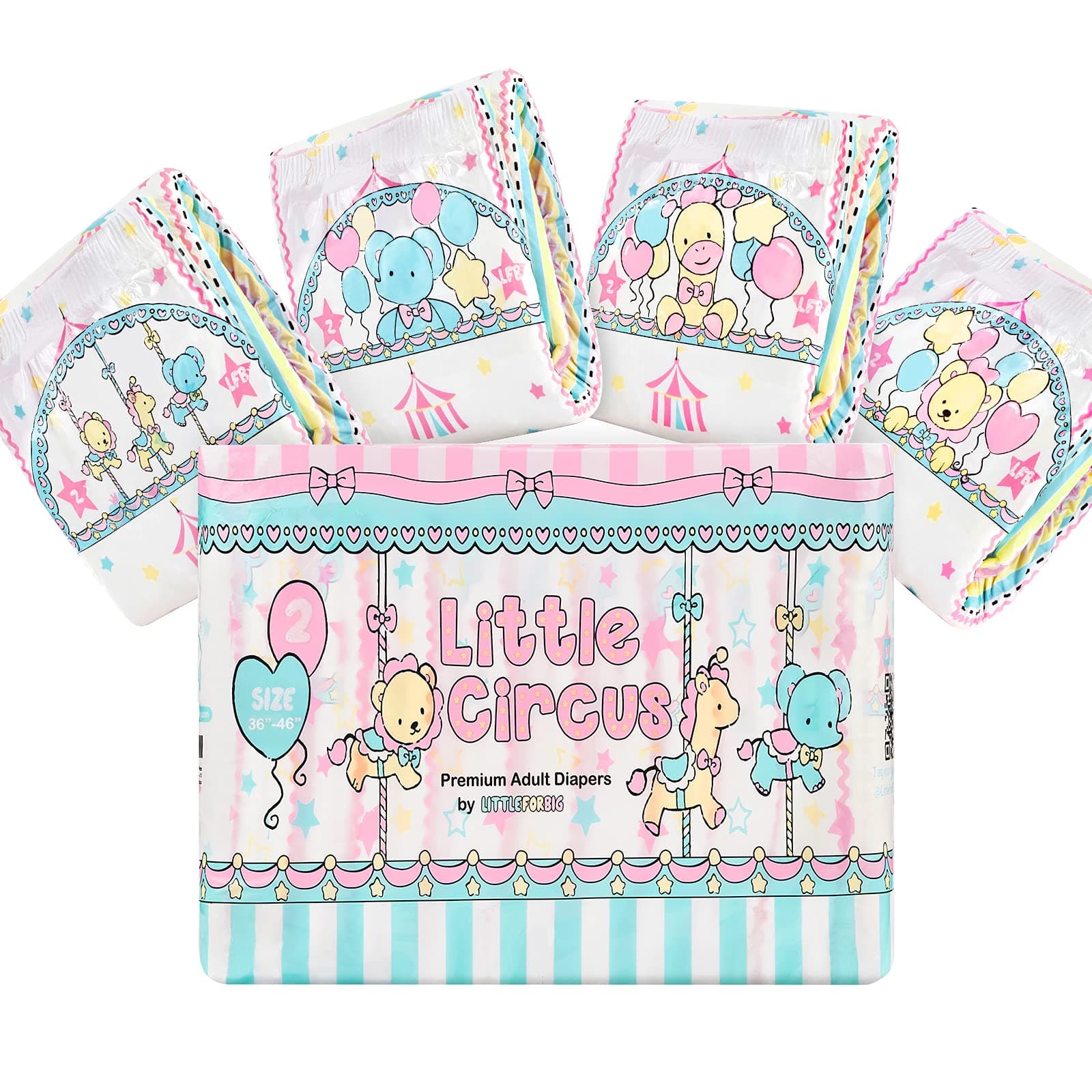 Adult Printed Diaper 10 Pieces - Little Circus (Large 36"-46")