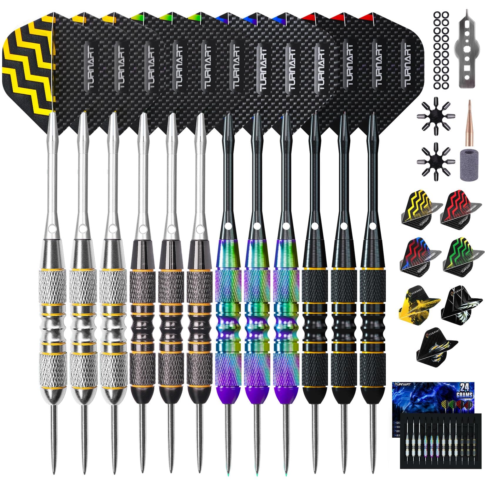 Turnart Darts Metal Tip Set - Steel Tip Darts Darts Set Professional Metal Darts 12 pcs 22/24 Grams Pro Dart Set with Stylish Case Aluminum Shafts Extra 9 Flights