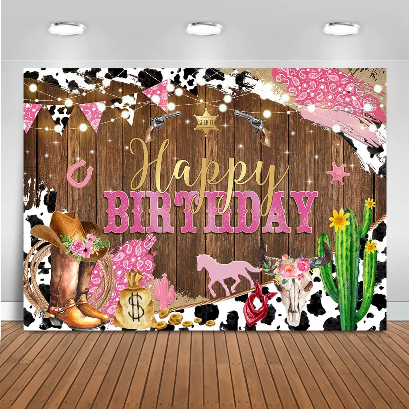 Mocsicka Western Cowgirl Birthday Backdrop for Girls Party Decorations Rustic Rodeo Boot & Horse Theme Photo Booth Background, Happy Birthday Banner Photo Booth Props (Pink, 7x5ft (82x60 inch))