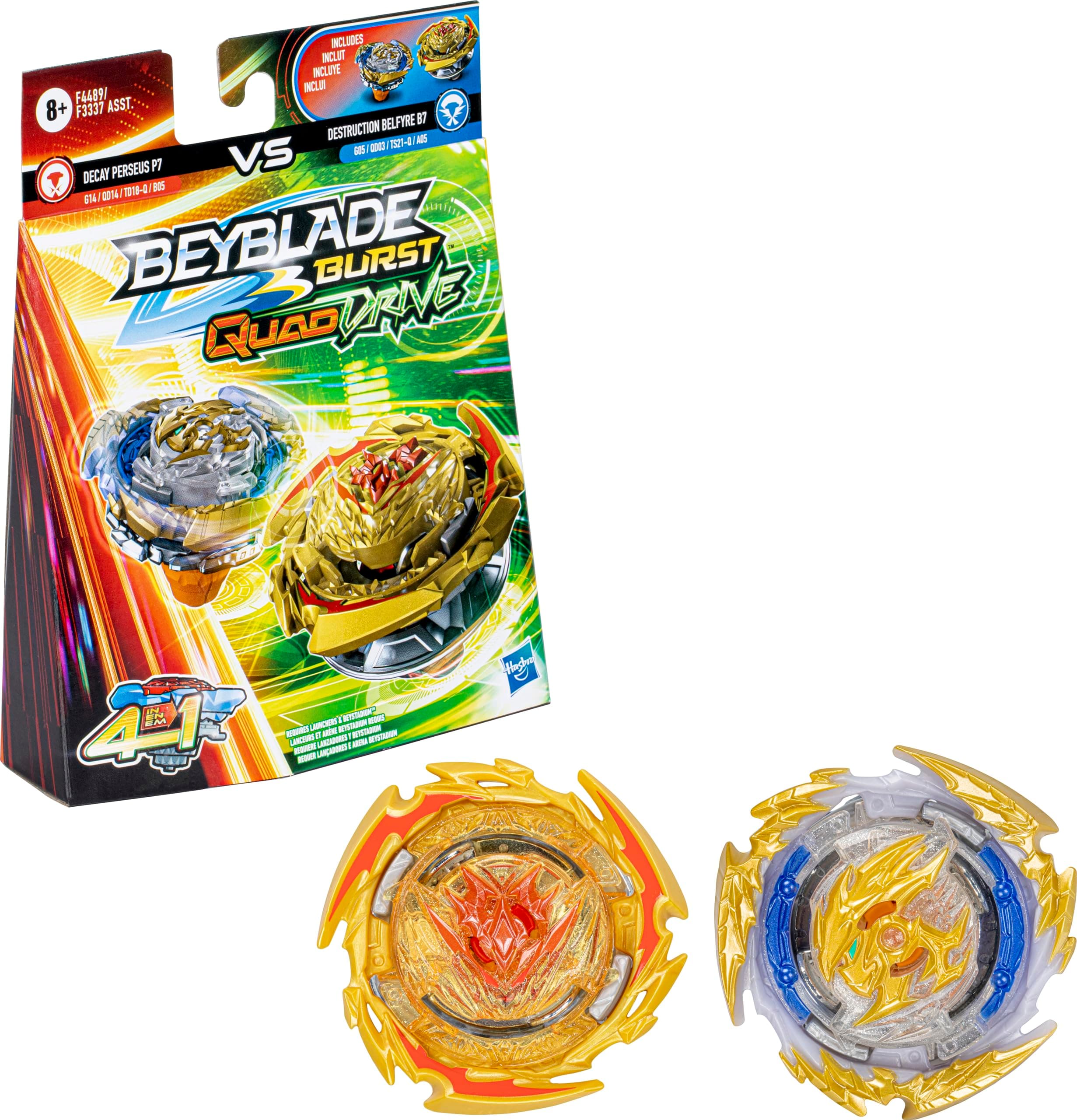 Burst QuadDrive Destruction Belfyre B7 and Decay Perseus P7 Spinning Top Dual Pack - 2 Battling Game Toy for Kids Ages 8 Up, F4489